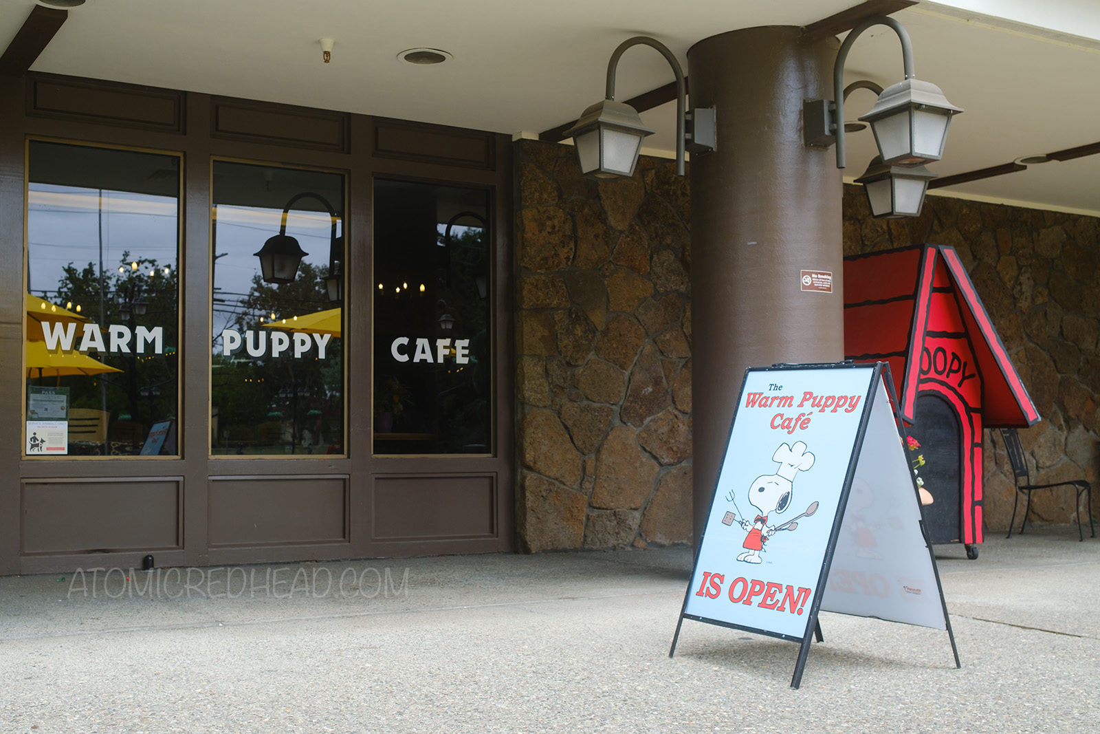 Exterior of the Warm Puppy Cafe.
