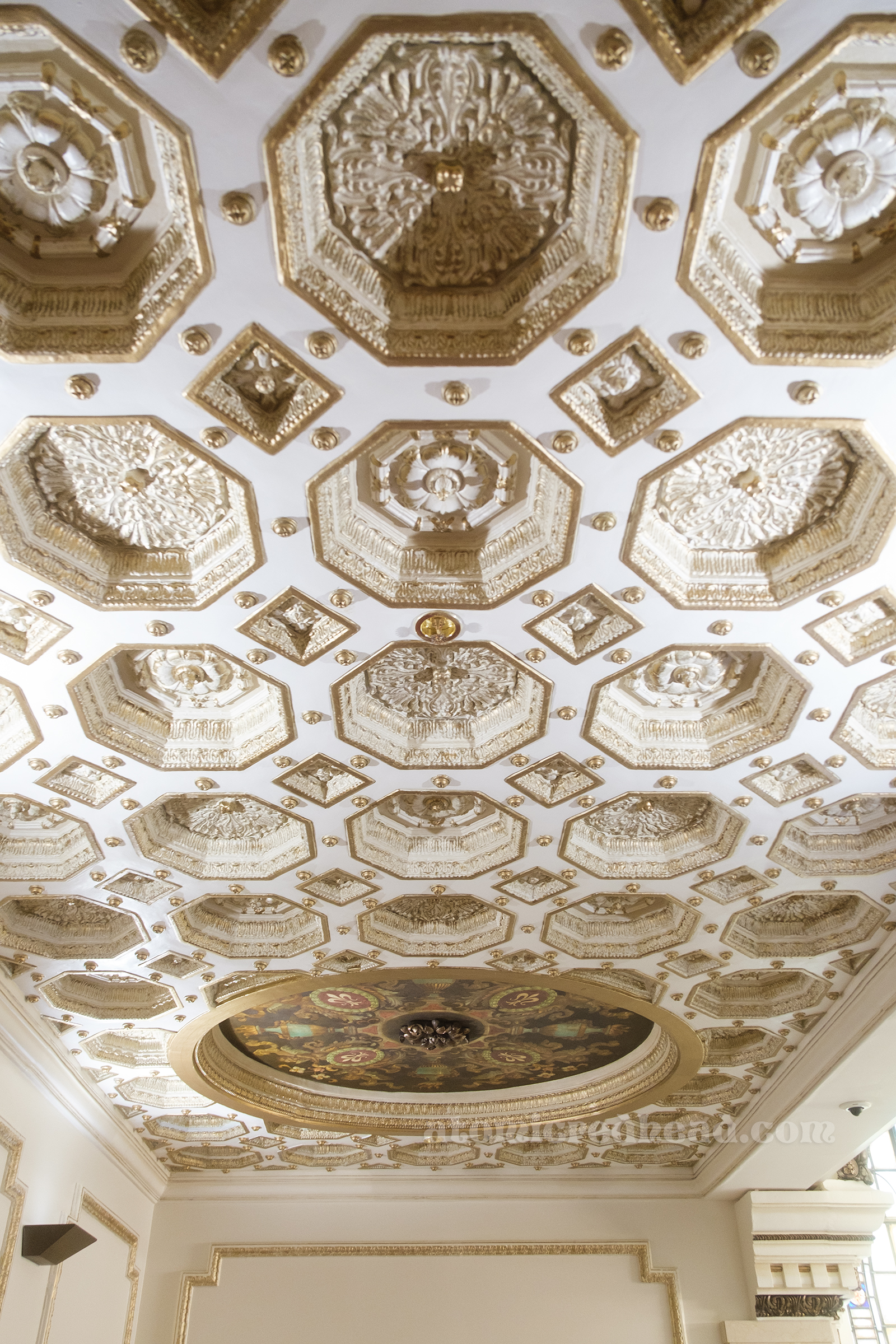 Highly ornate ceilings painted gold and white.