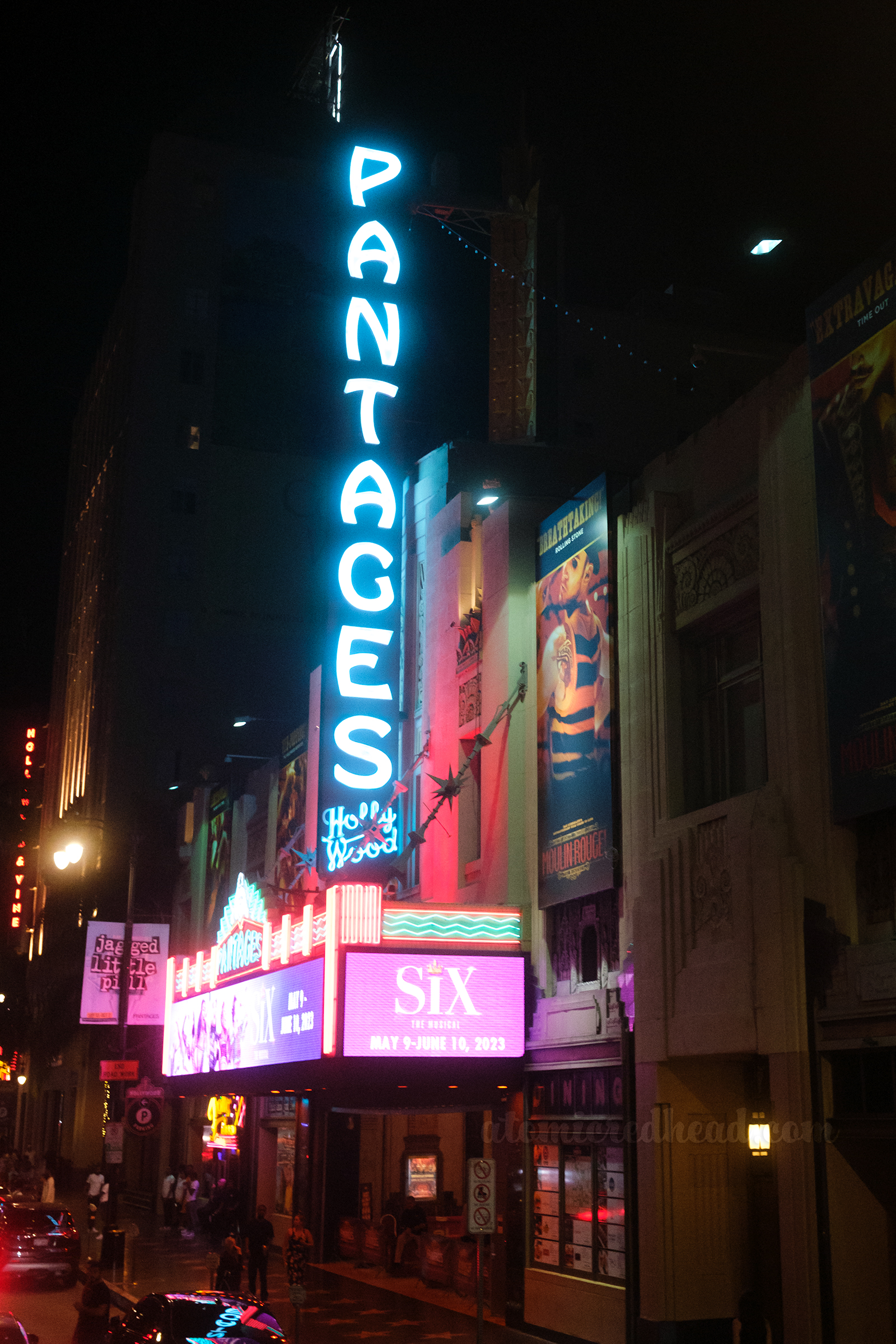 The blue neon sign for the Pantages.