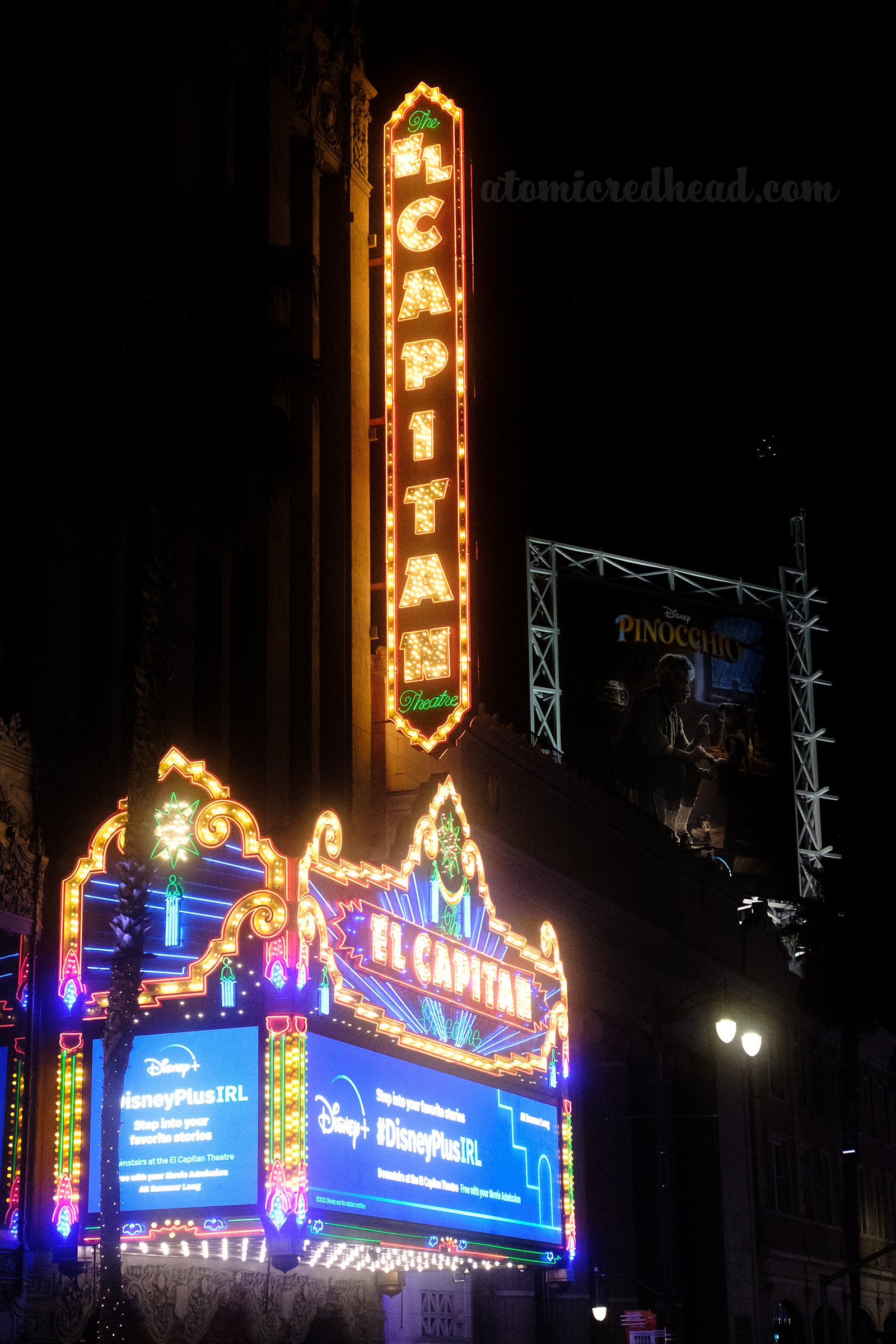 The bulb and neon blade and marquee sign for the El Capitan Theatre.