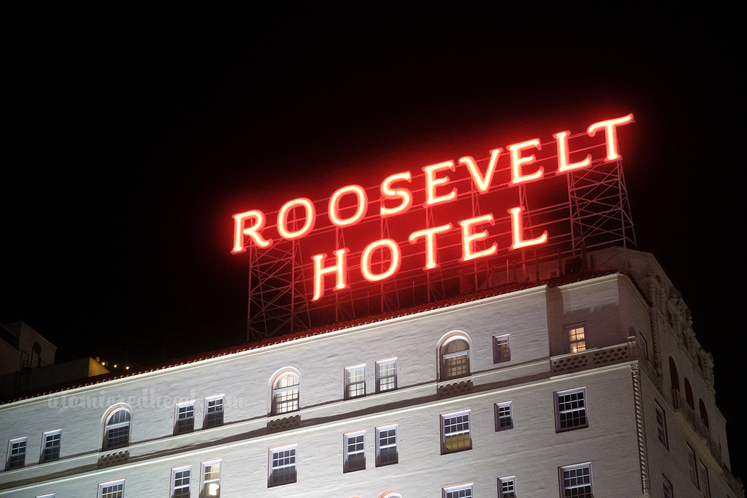 The large rooftop neon sign for the "Roosevelt Hotel" which spells out its name in red neon letters.