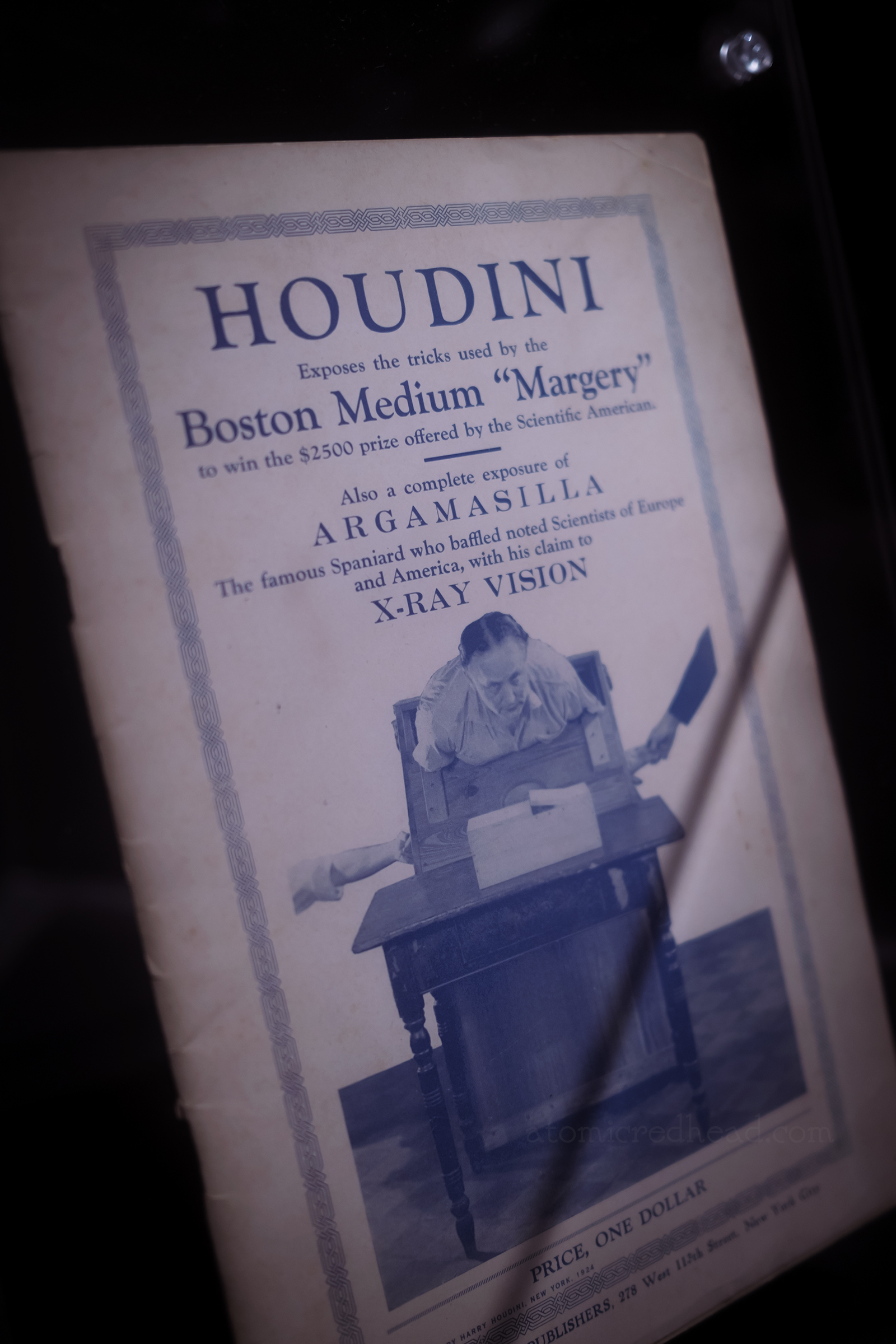 A booklet reading "Houdini Exposes the tricks used by the Boston Medium 'Margery' to win the $2500 prize offered by the Scientific American Also a complete exposure of Argamasilla The famous Spaniard who baffled noted Scientists of Europe and America, with his claim to X-ray vision"