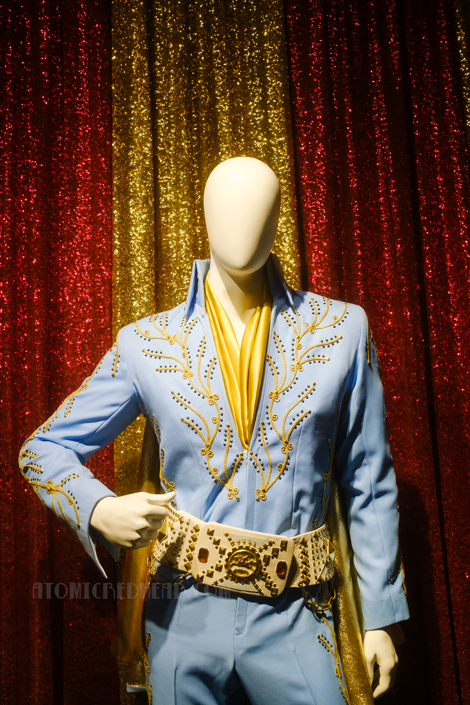 The blue and gold jumpsuit worn by Austin Butler in the movie Elvis.