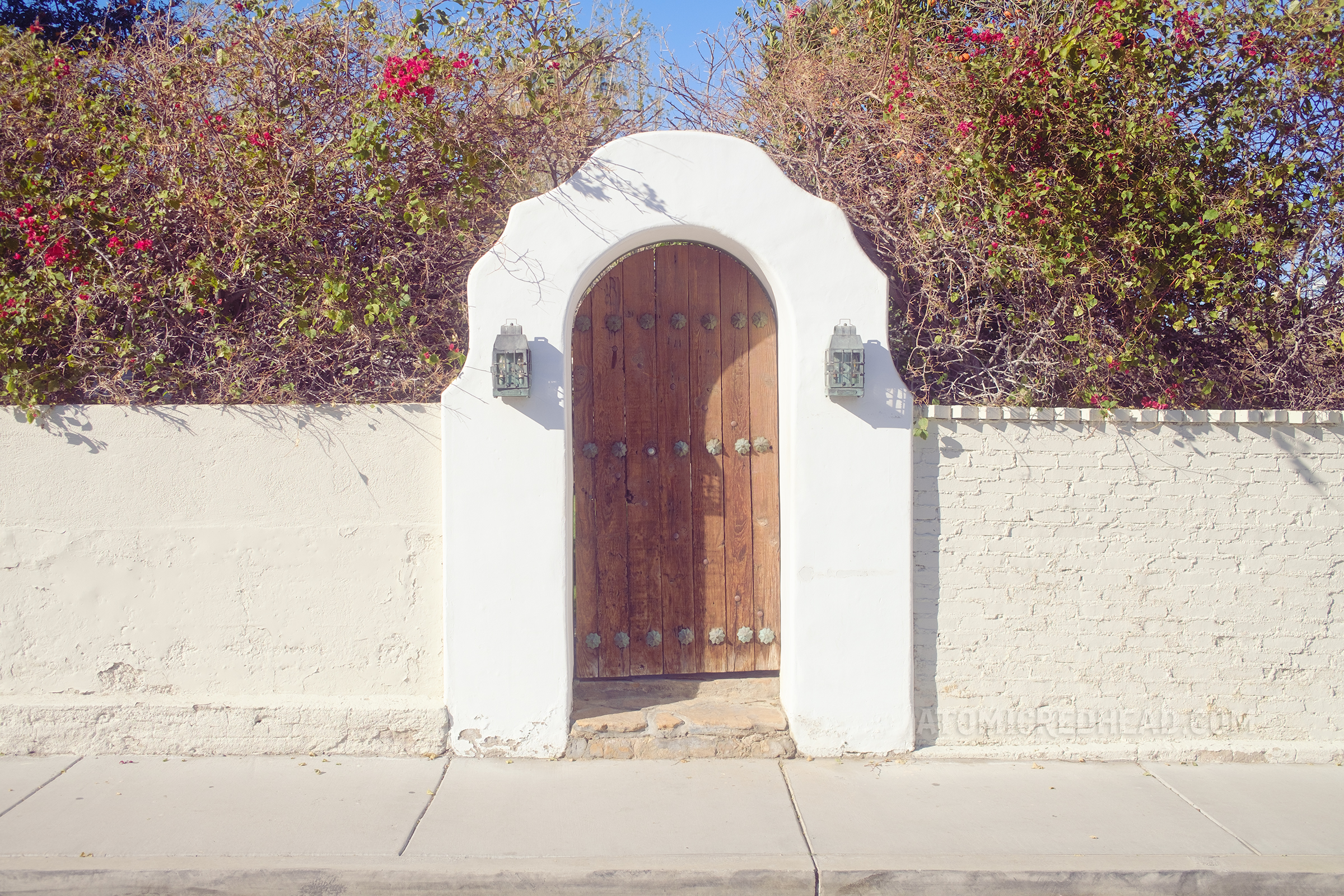 An adobe arch frames a wooden door, on either side are adobe walls and flowering bushes.