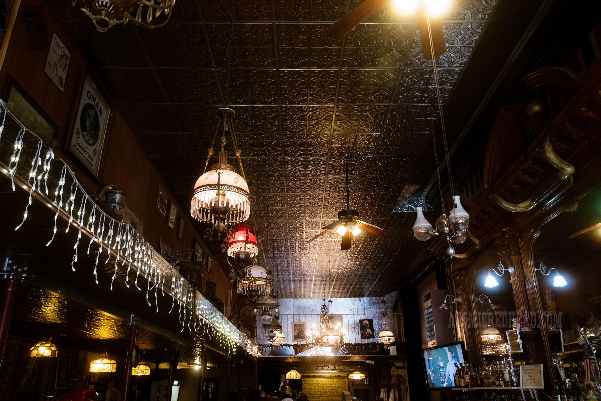Tin tiles make up the ceiling of the saloon.