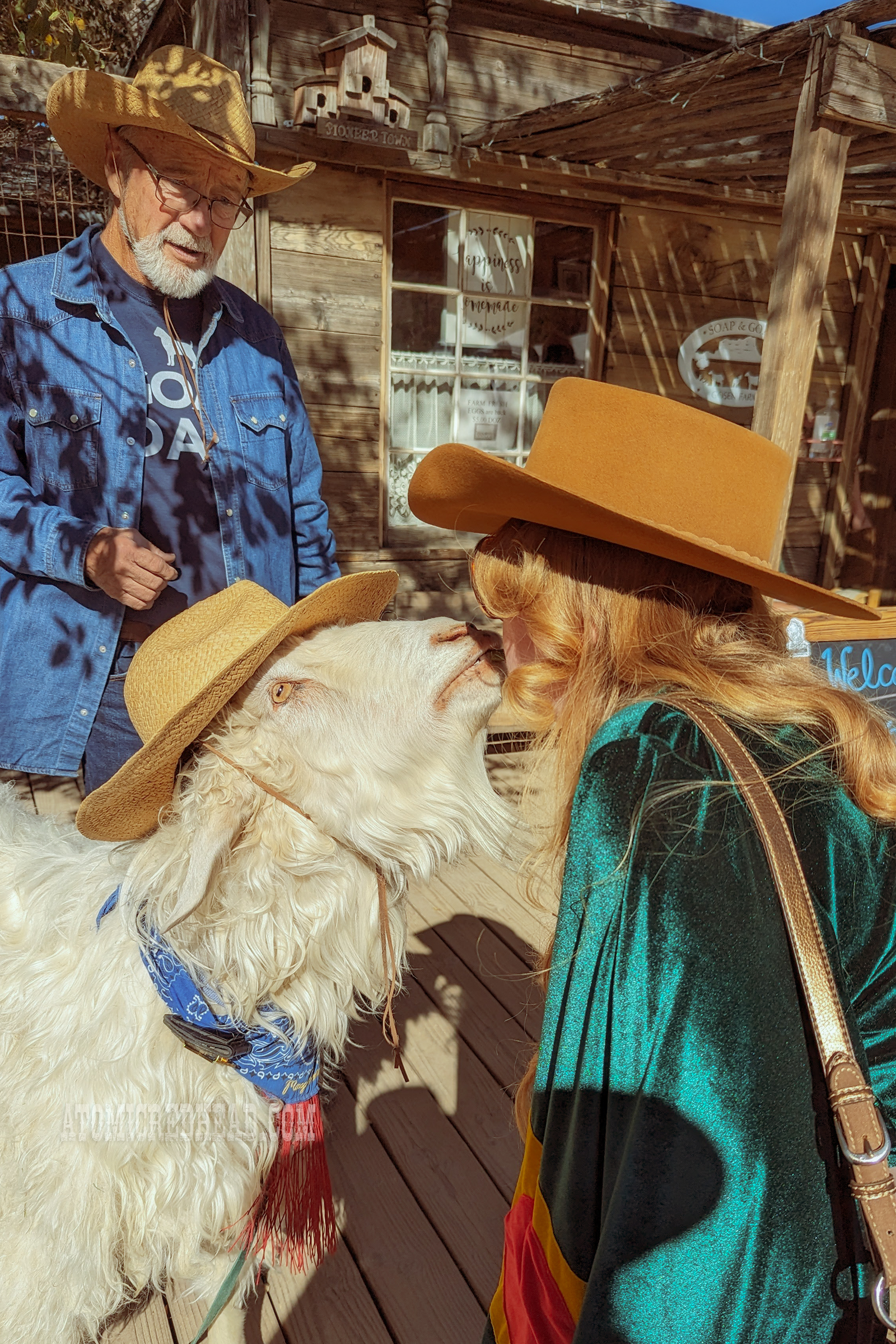 Myself "kissing" the mayor of Pioneertown, a goat wearing a straw hat.