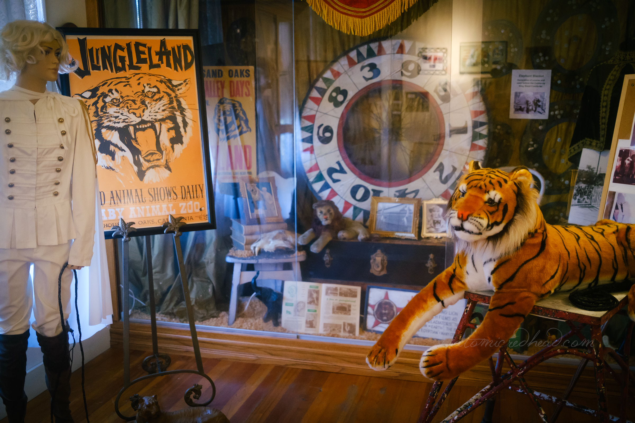 Overall view of part of the Jungleland room, with a costume of one of the animal trainers, a poster of a tiger.