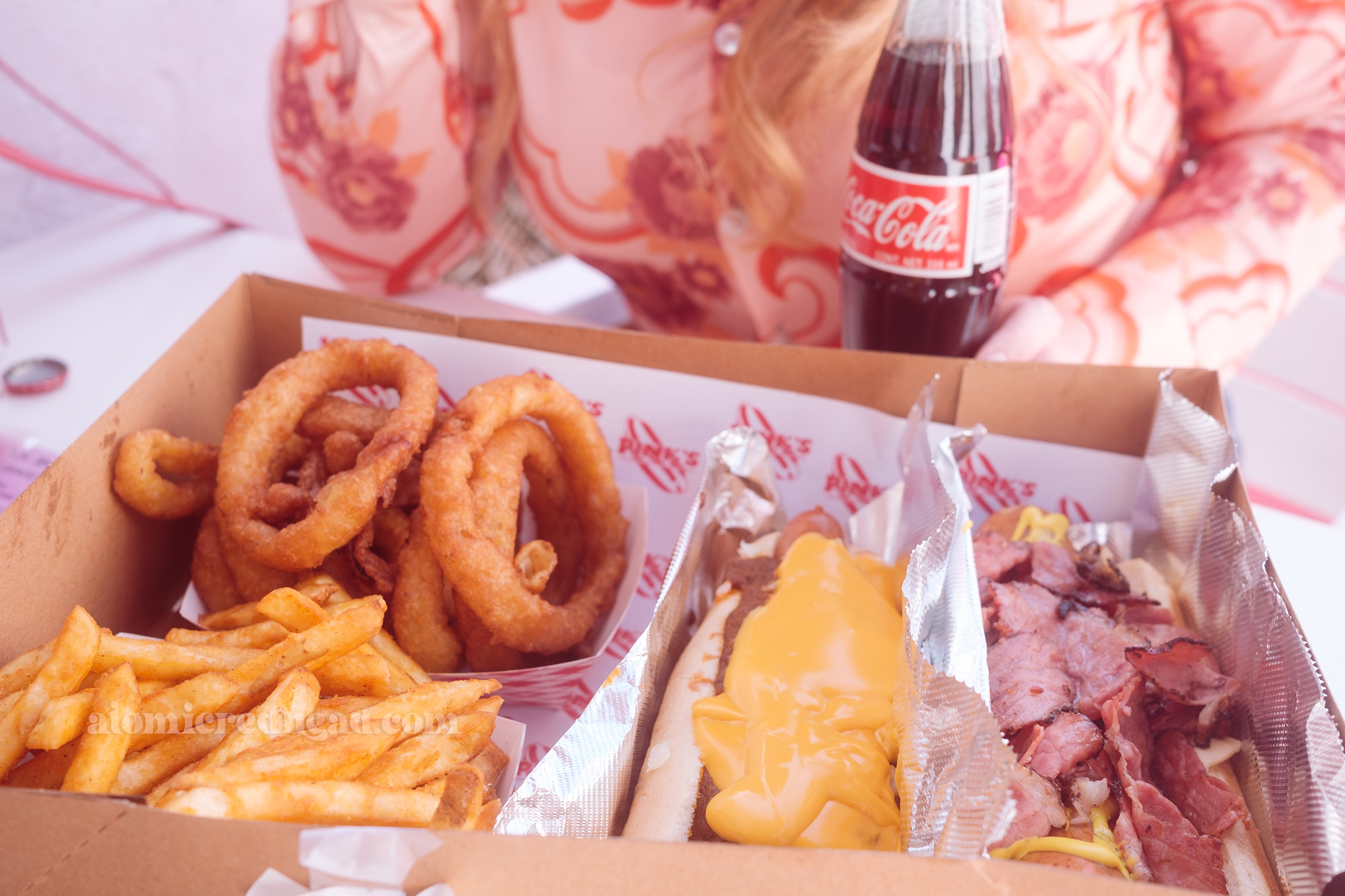 A view of our food, onion rings, french fries, a chili cheese dog and a pastrami dog.