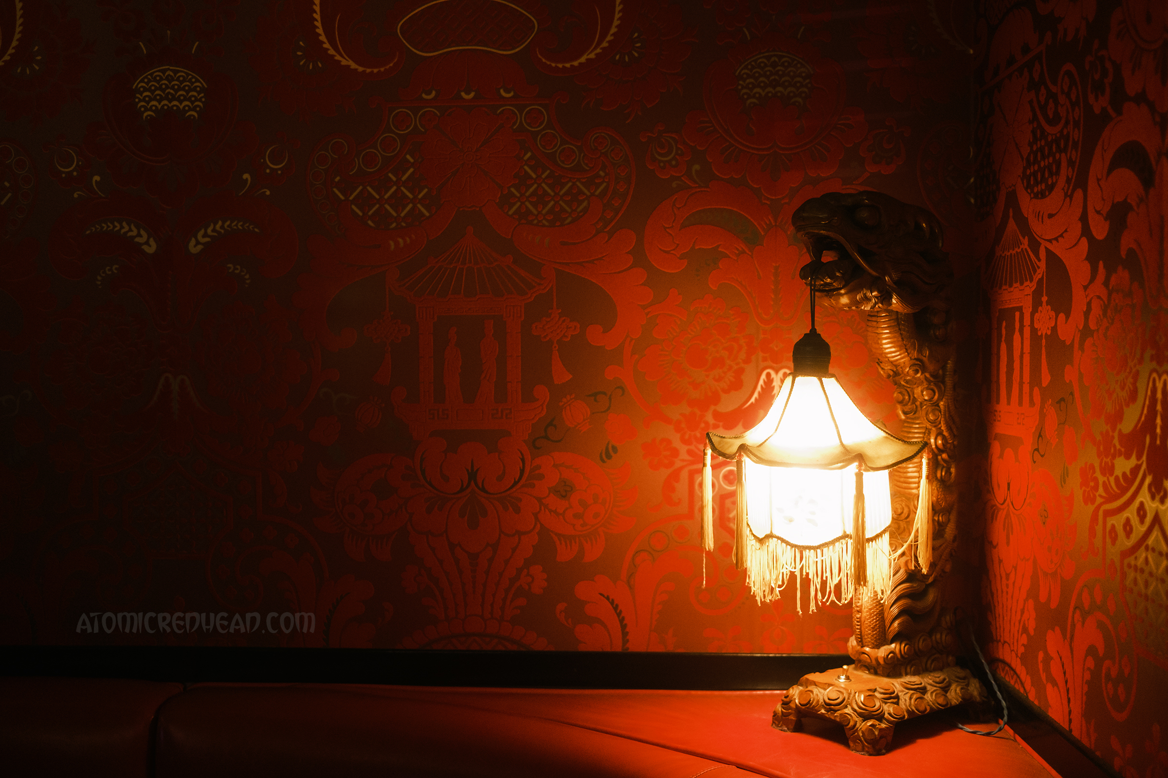 Close-up of a dragon light fixture.