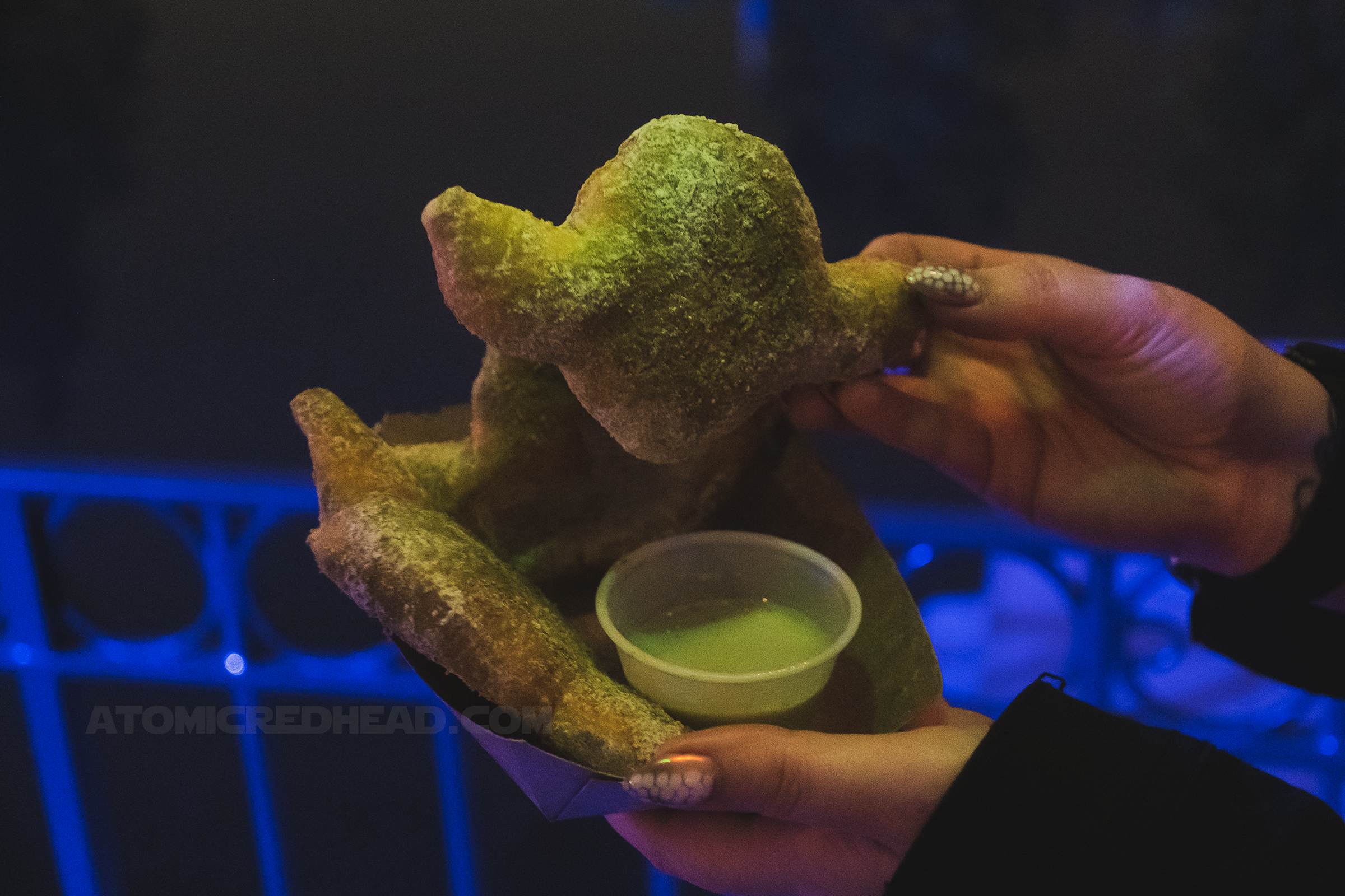 Bengiets, tinted green by matcha are shaped like Yoda. 