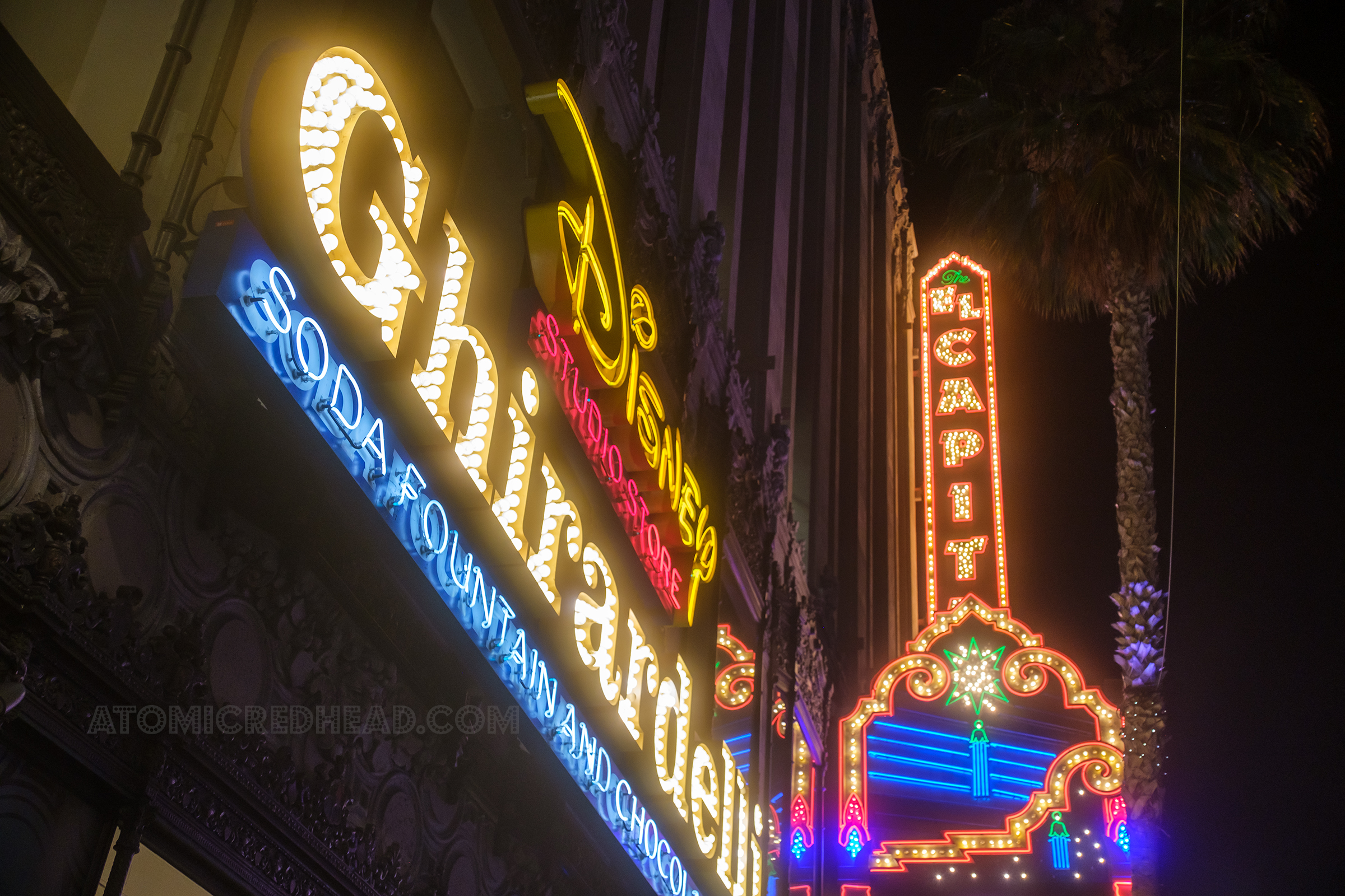 Angled view of the Ghirardelli sign.