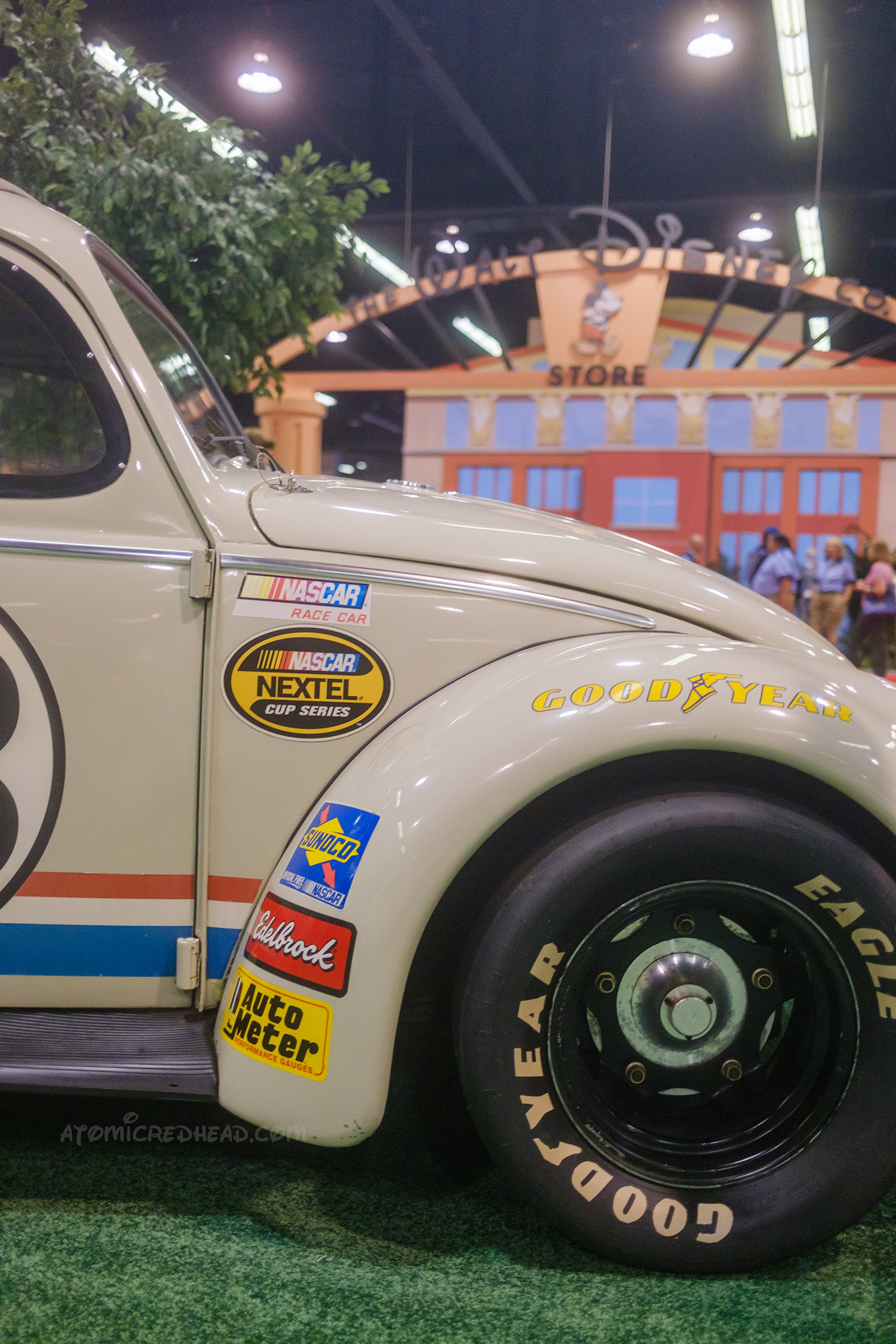 Close-up of various sponsor stickers on another Herbie Beetle. 