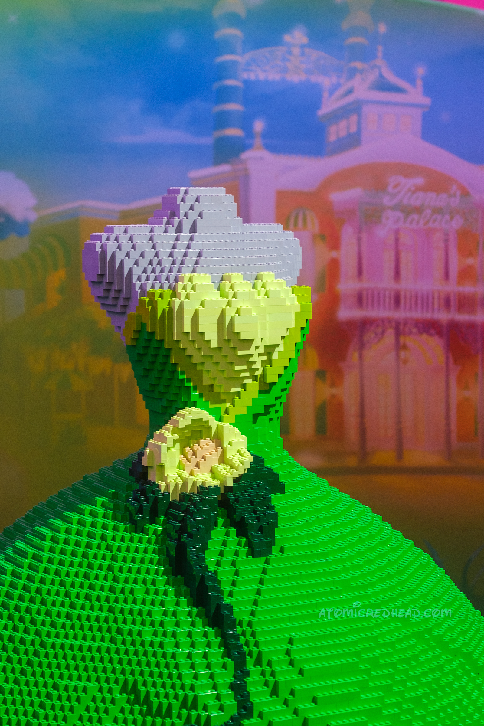 Tiana's beautiful lily pad inspired dress made out of Lego.