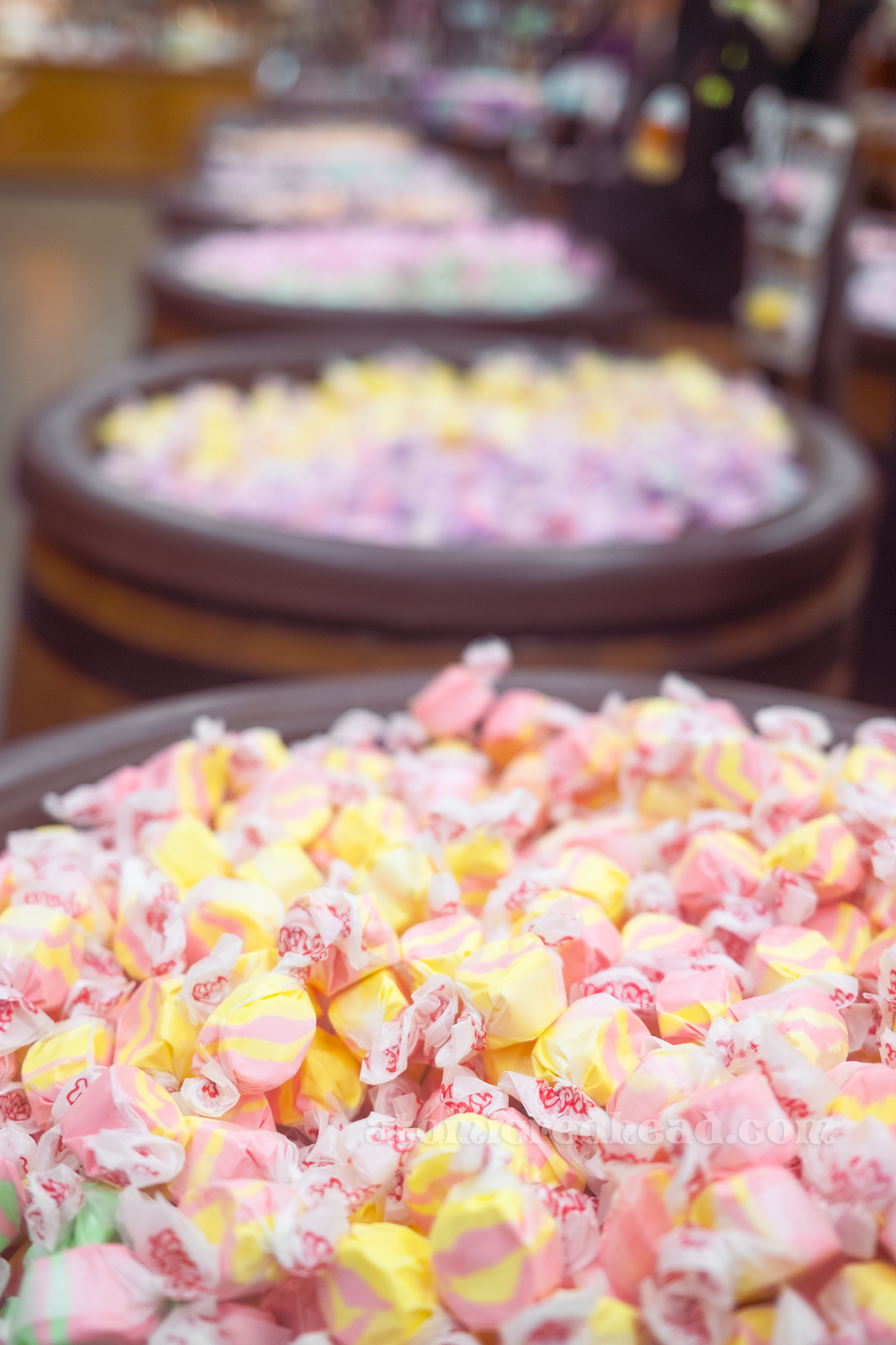 Taffy in wood barrels.