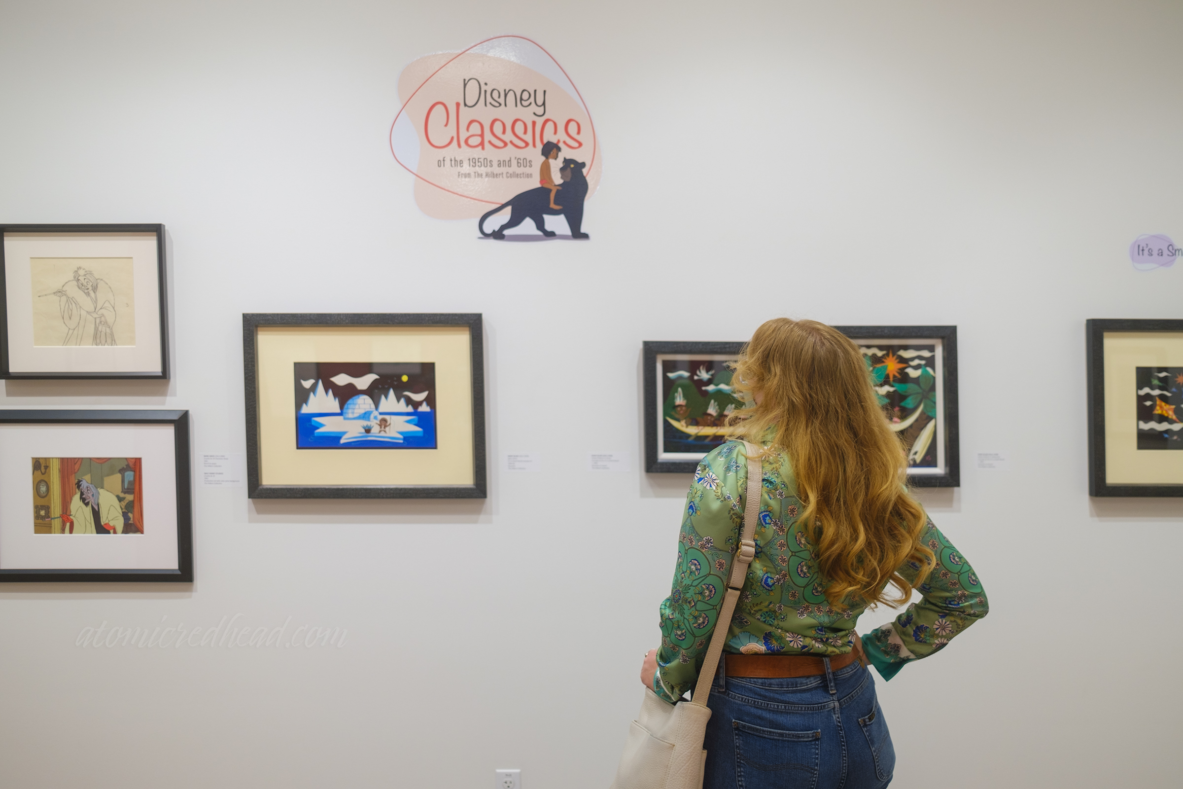 A view of me, from behind, looking at art on a wall, the top reads "Disney Classics from the 1950s and '60s"