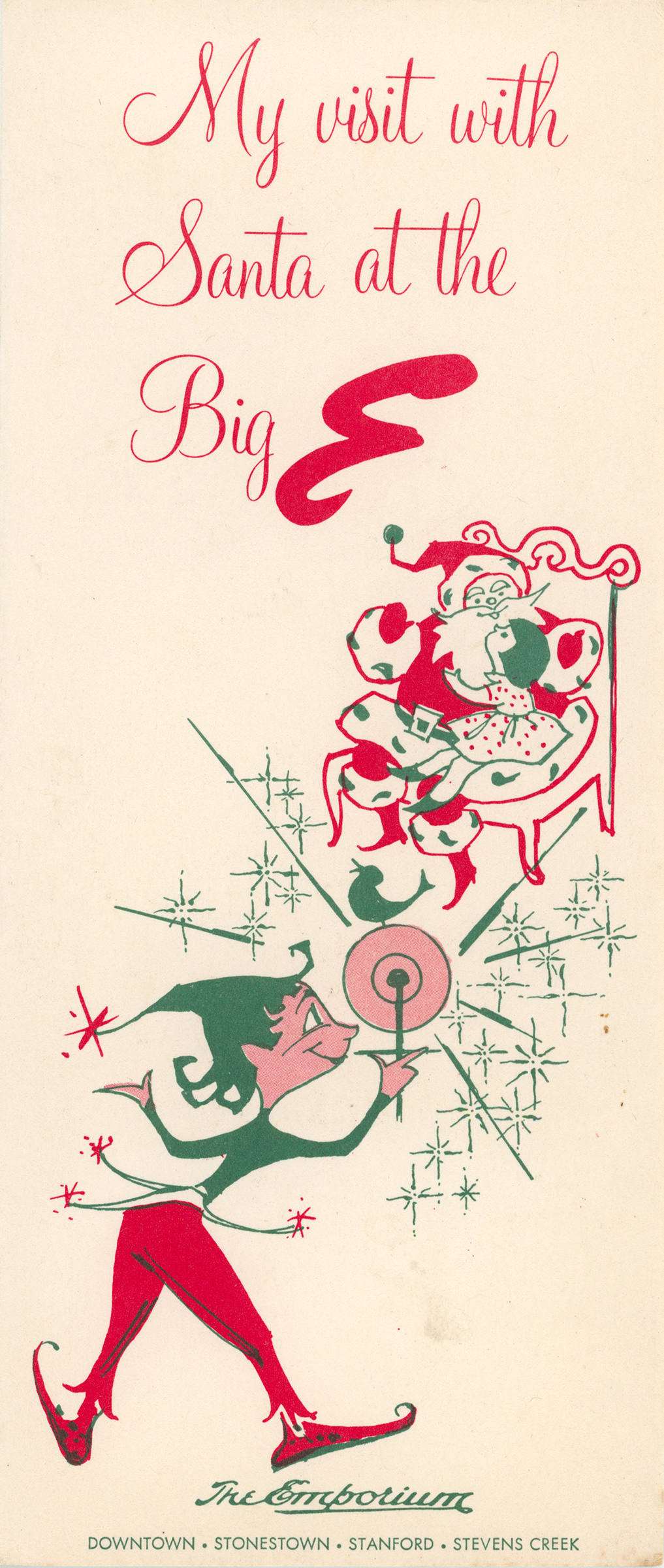 An elf holds a large flash attachment with bird on it, in the distance is a little girl sitting on Santa's lap. Script across the top reads "My visit with Santa at the Big E"