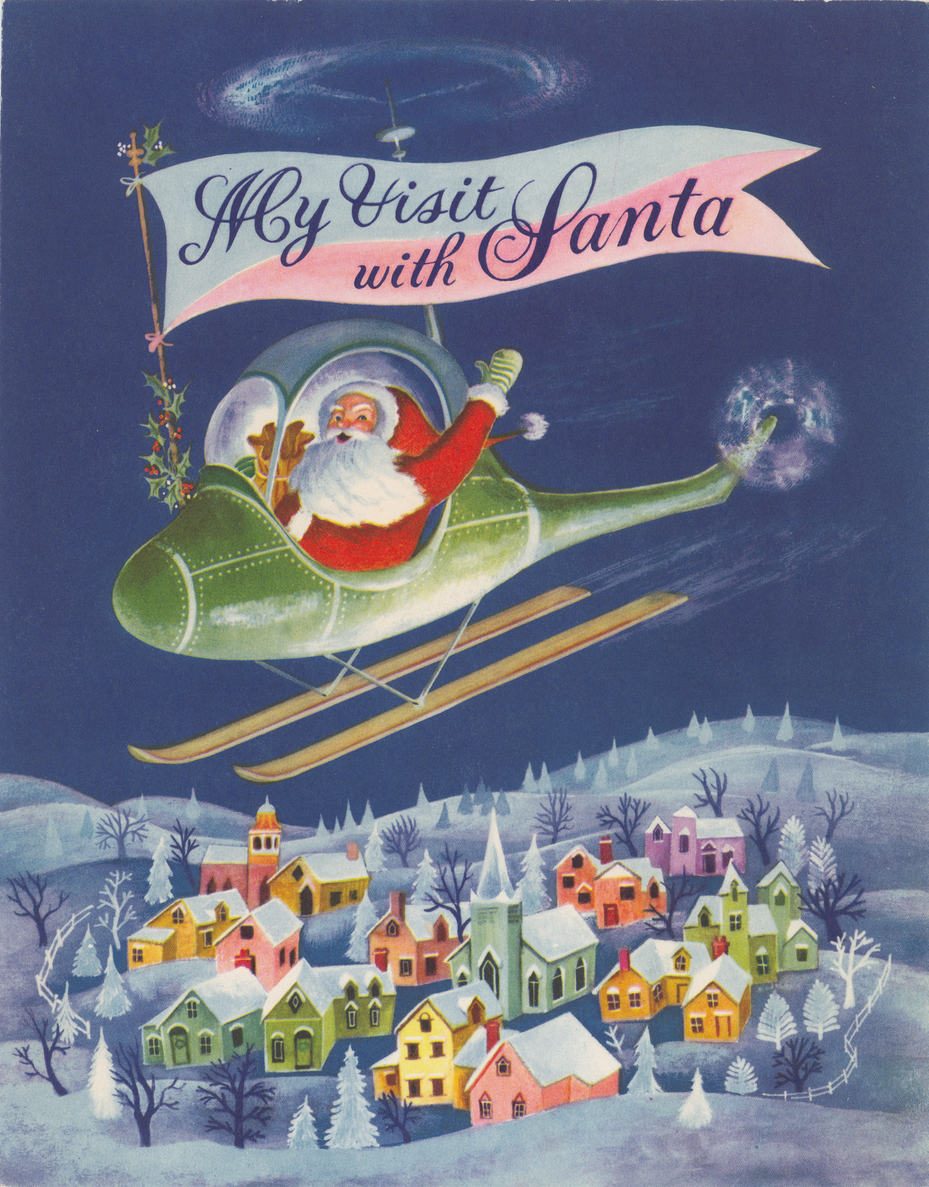 Santa soars above a town aboard a helicopter with a flag that reads "My Visit with Santa"