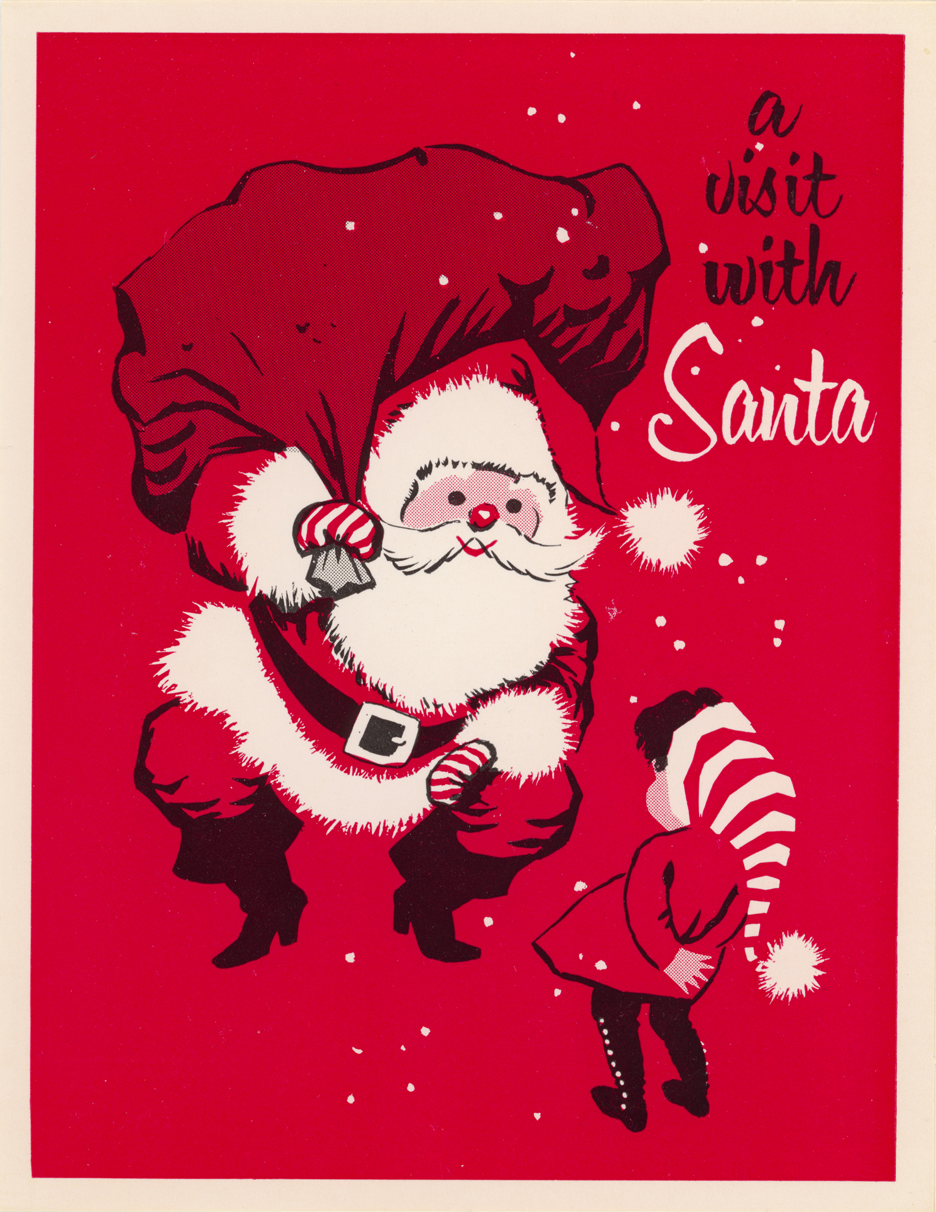 Santa with a large sack bends over to look at a child. Script in the upper right reads "A visit with Santa"