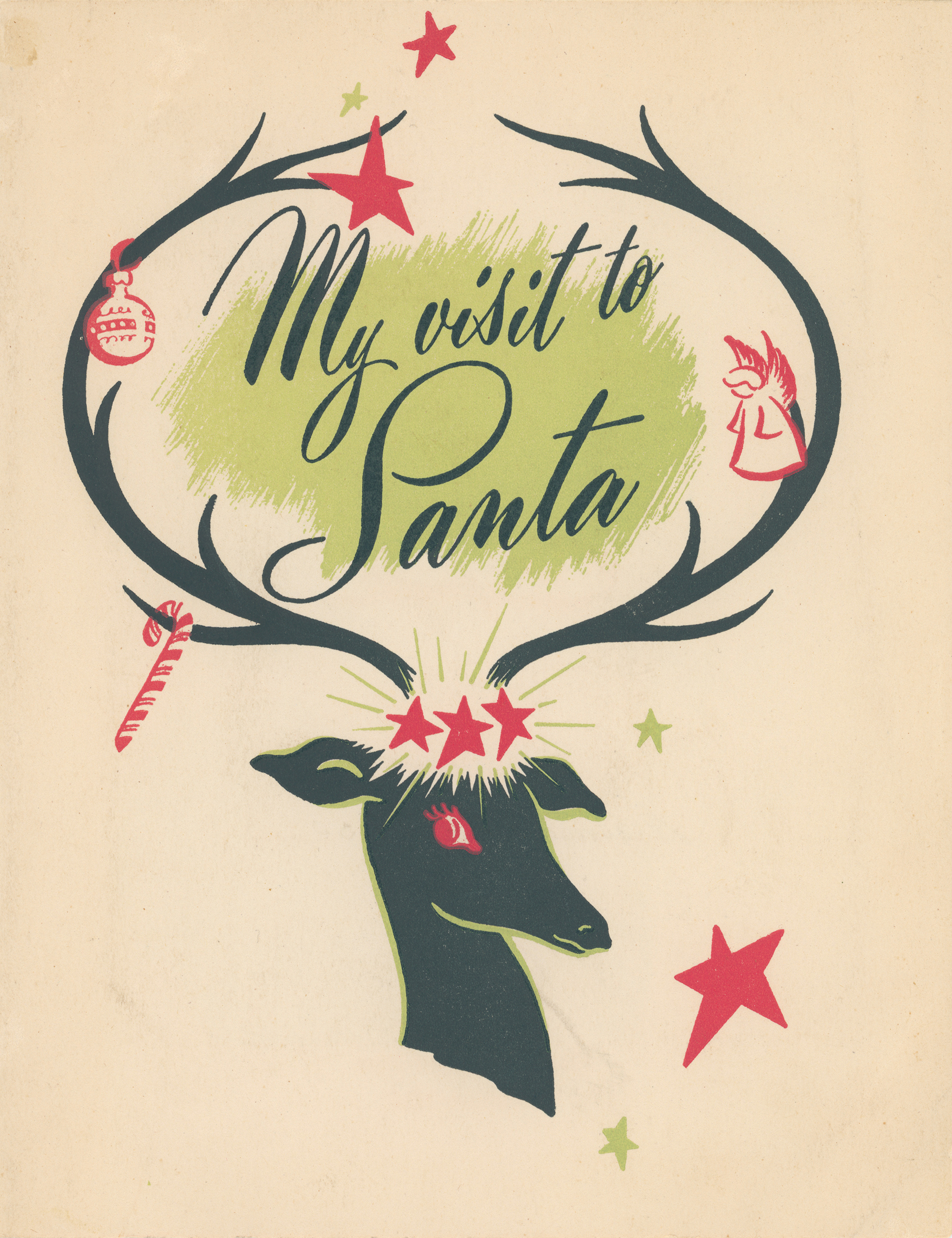 Script reading "My visit to Santa" rests between two large antlers coming from an elegant reindeer. Hanging from the antlers is an ornament, a candy cane, and an angel.