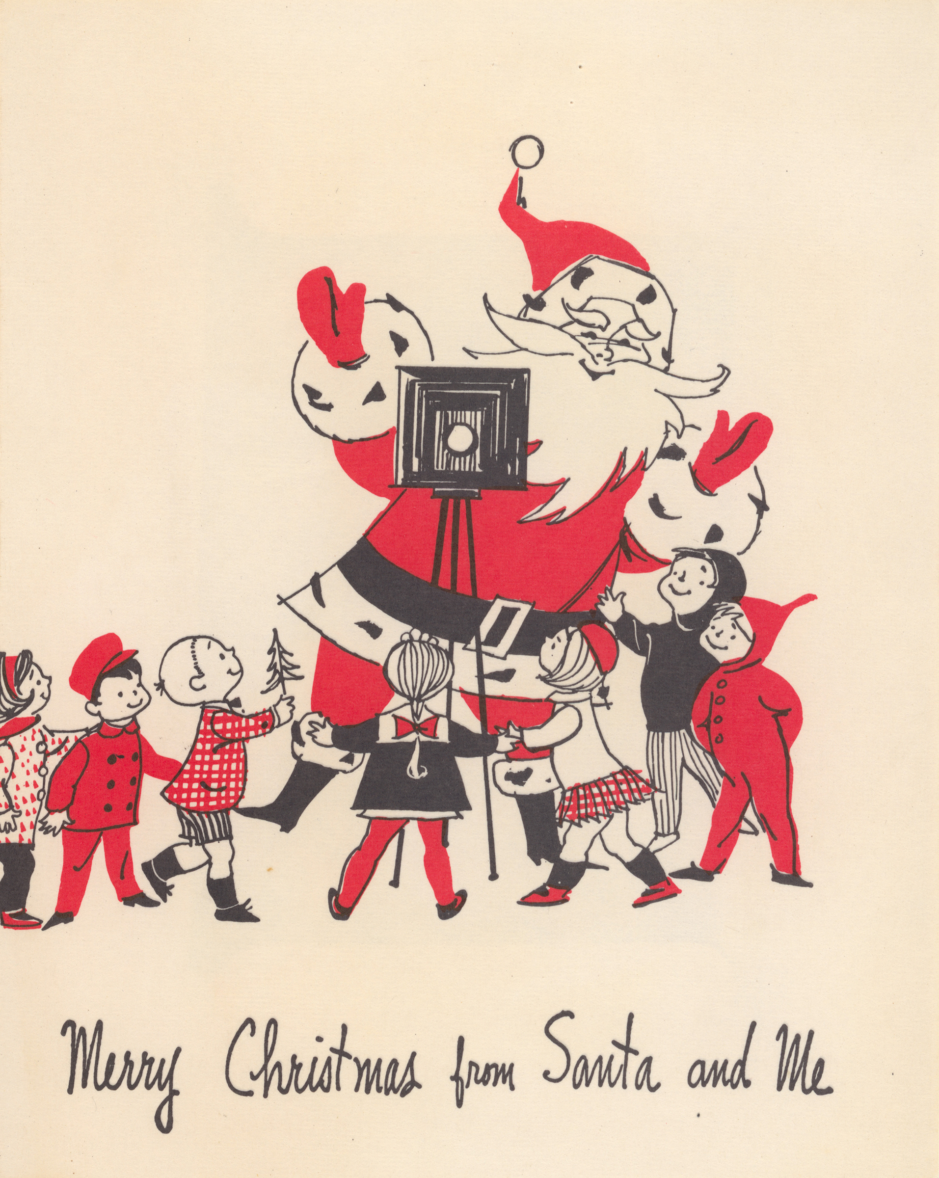 Santa Claus stands behind a large camera, with several children around him. Script at the bottom reads "Merry Christmas from Santa and Me"