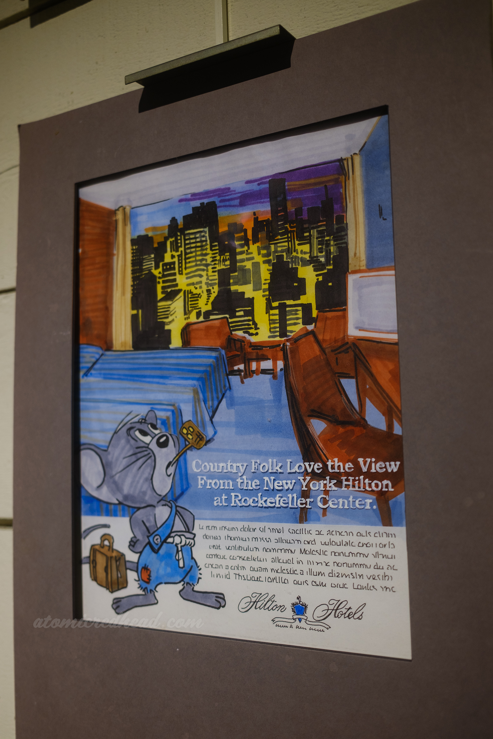 Concept art for Hilton ads as seen in Mad Men, featuring a country mouse in a fancy hotel room, script reads "Country Folk Love the View From the New York Hilton at Rockefeller Center"