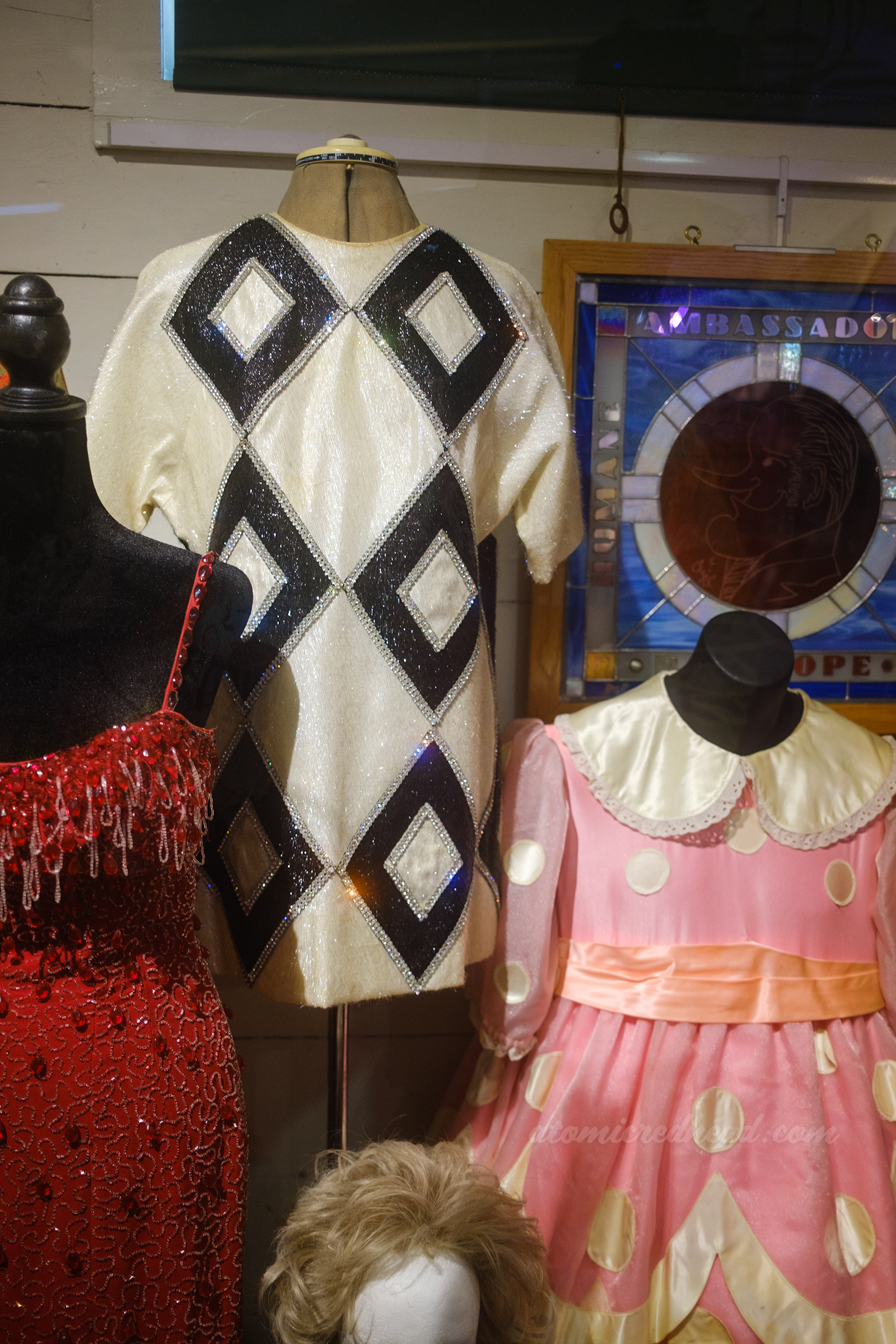 A black and white diamond pattern dressed worn by Phyllis Diller