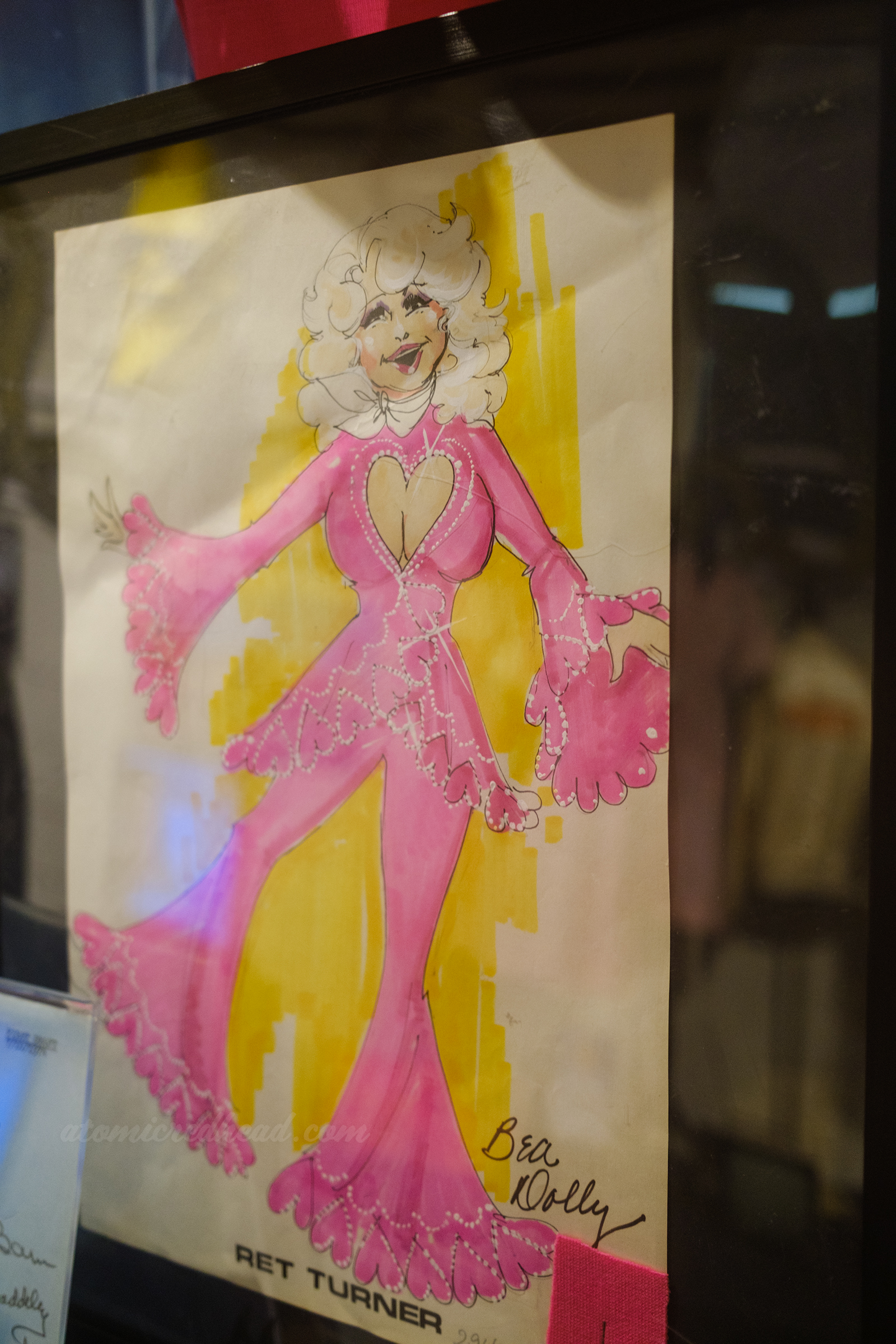Costume design sketch of the Dolly Parton inspired pink ensemble worn by Bea Arthur.