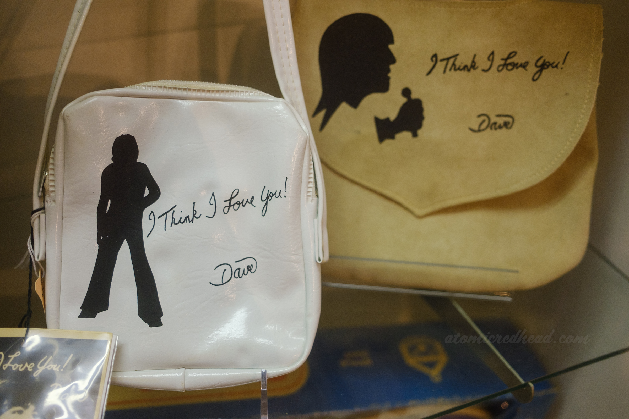 Two toy bags with David Cassidy on them and script reading "I Think I Love You Dave"