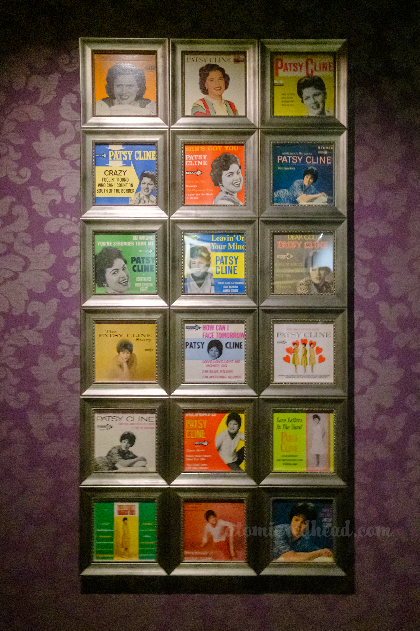 Overall view of record covers of Patsy Cline.