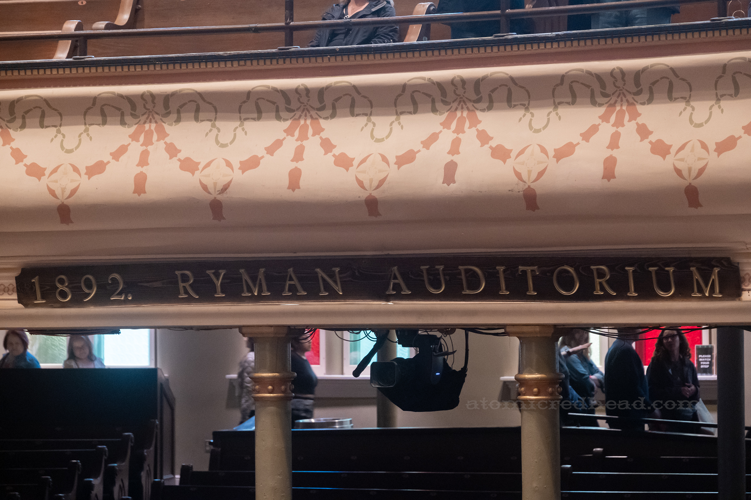 A plaque reads "1892 Ryman Auditorium" marking when the upper gallery was added.