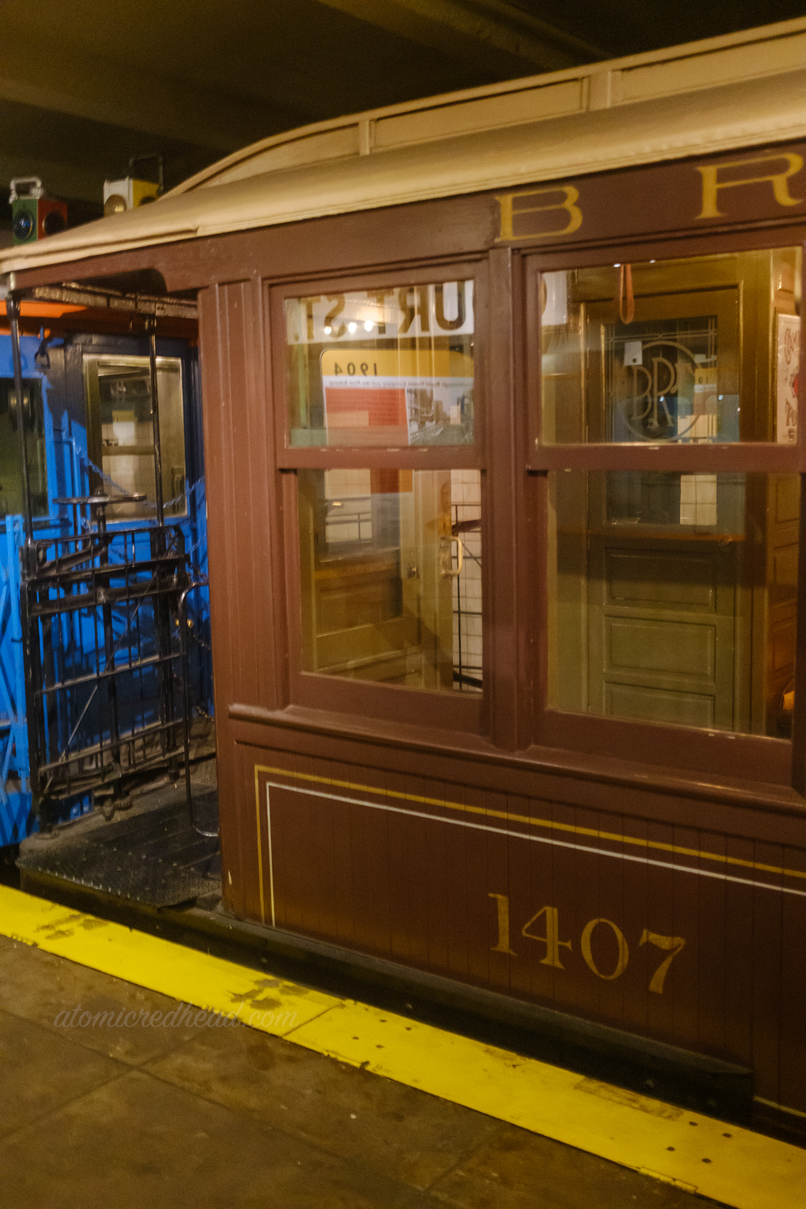 Close-up of an old subway car.