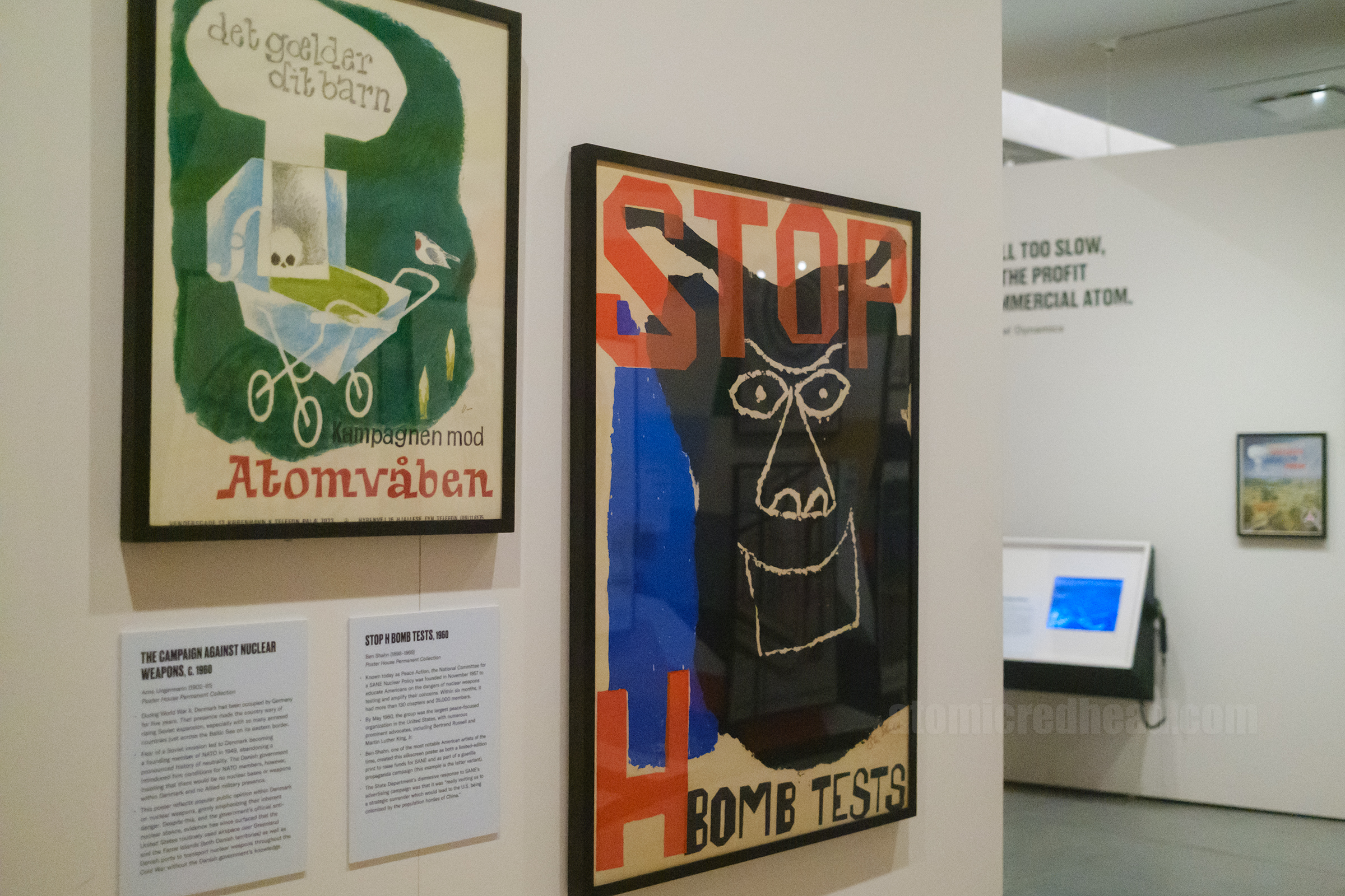 Two posters against the use of atomic weapons, one features a skull in a stroller and reads "The Campaign against Nuclear Weapons" the other features a large face and reads "Stop H Bomb Tests"