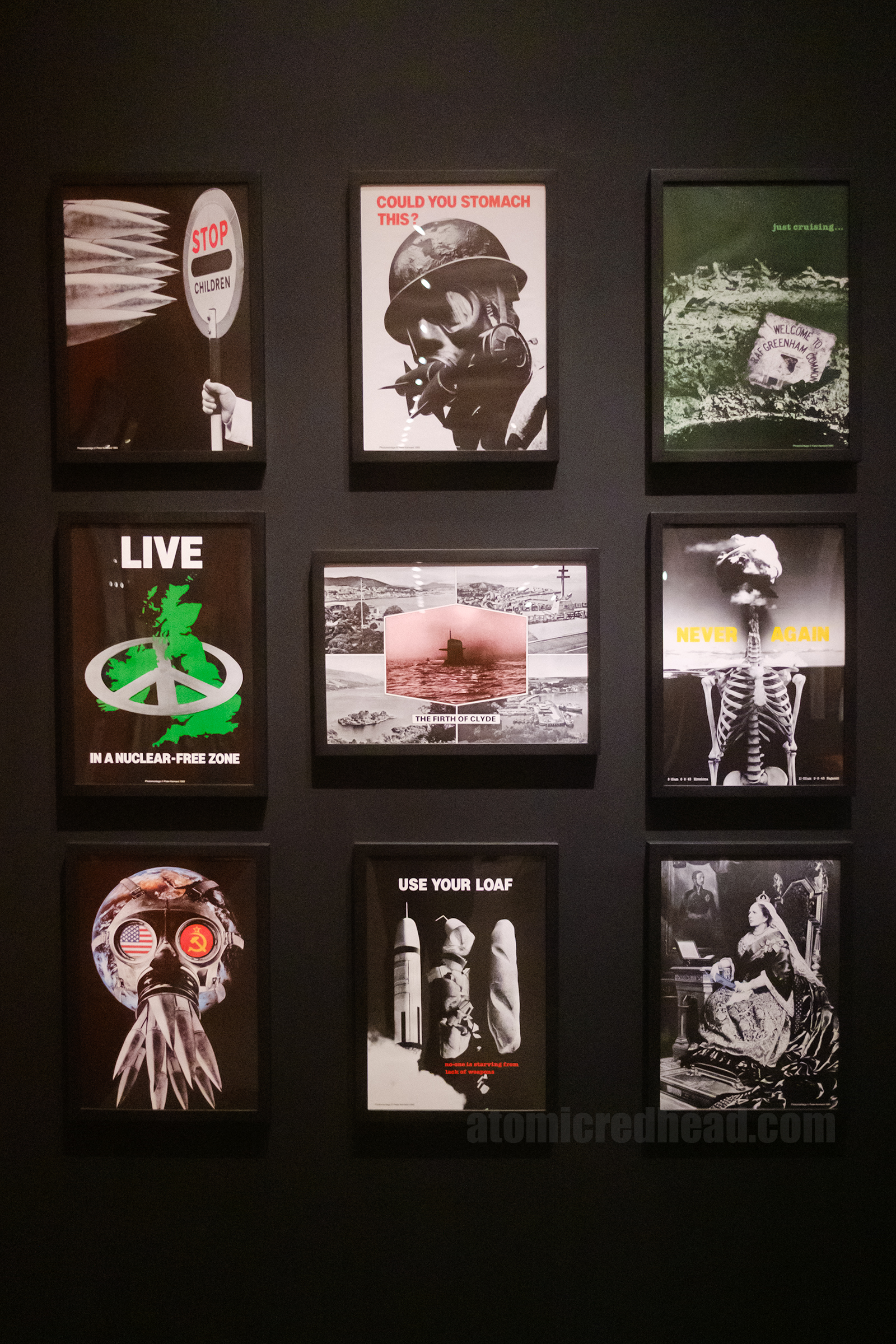 A collection of protest posters depicting images of mushroom clouds, bombs, and peace sign.