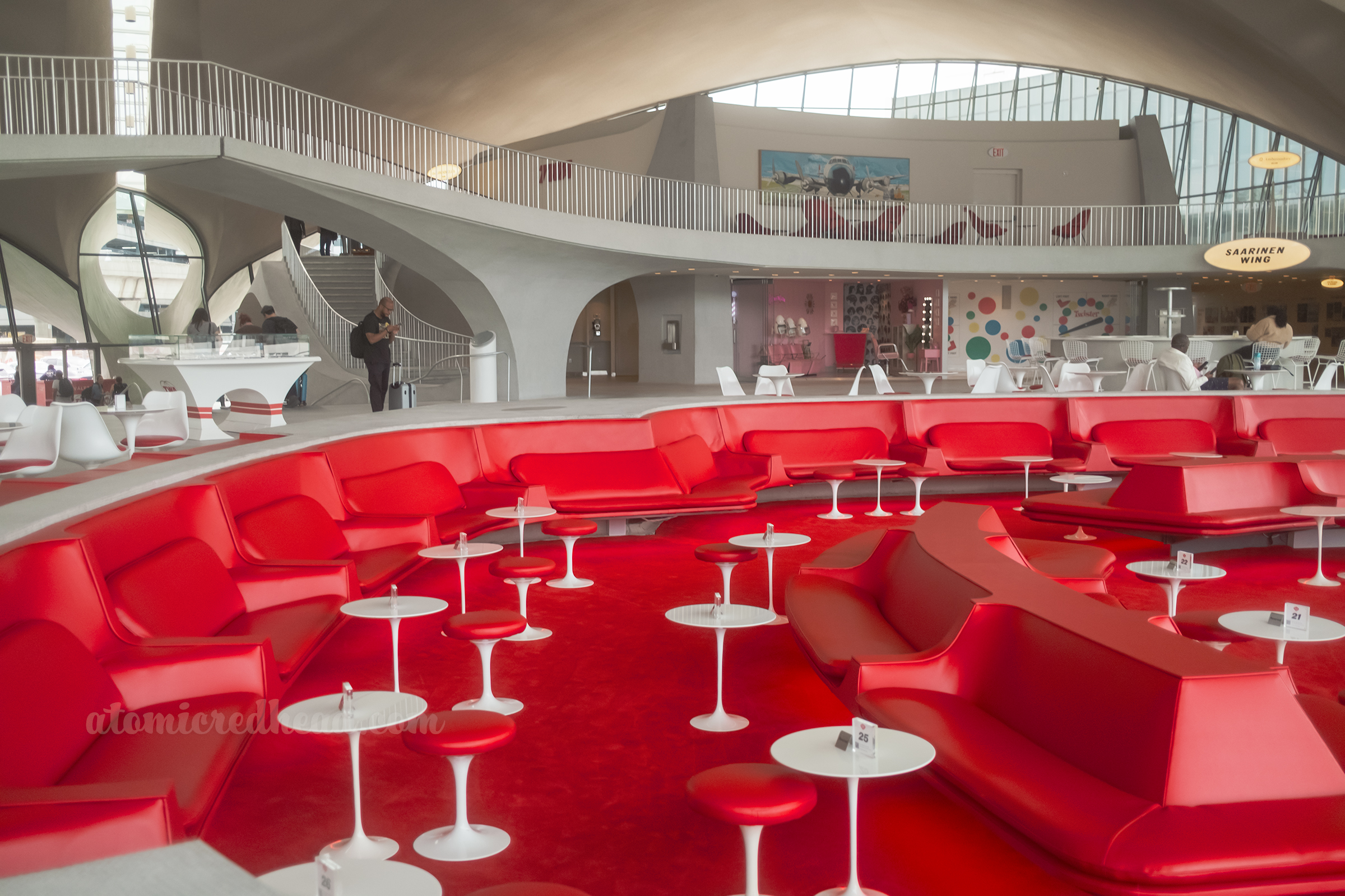 View of the sunken lounge with the faux beauty parlor in the background.