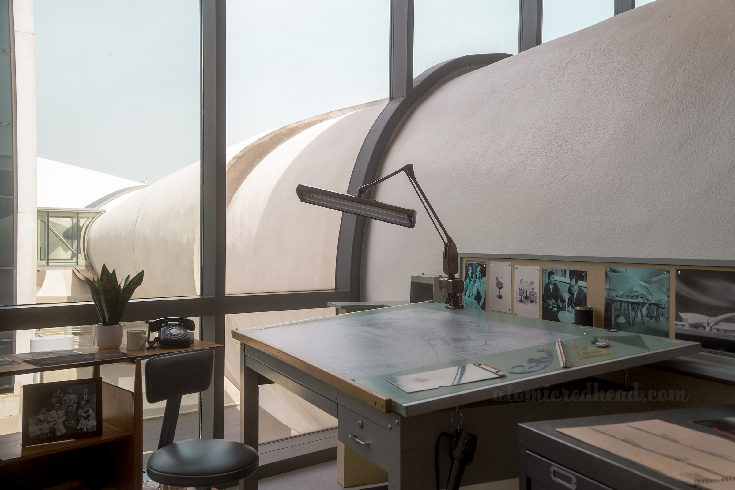 The desk with plans of the building in the mock up of Saarinen's office.
