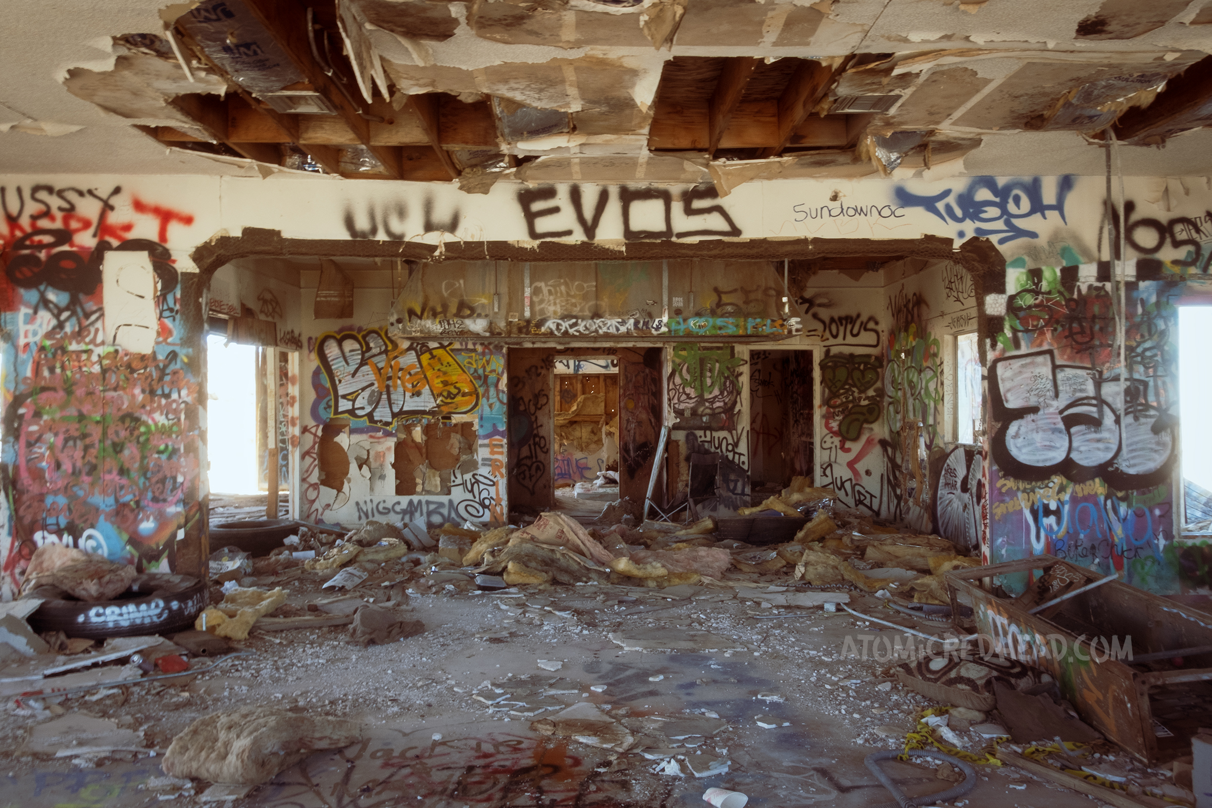 Interior of the restaurant, completed gutted and covered with graffiti. 