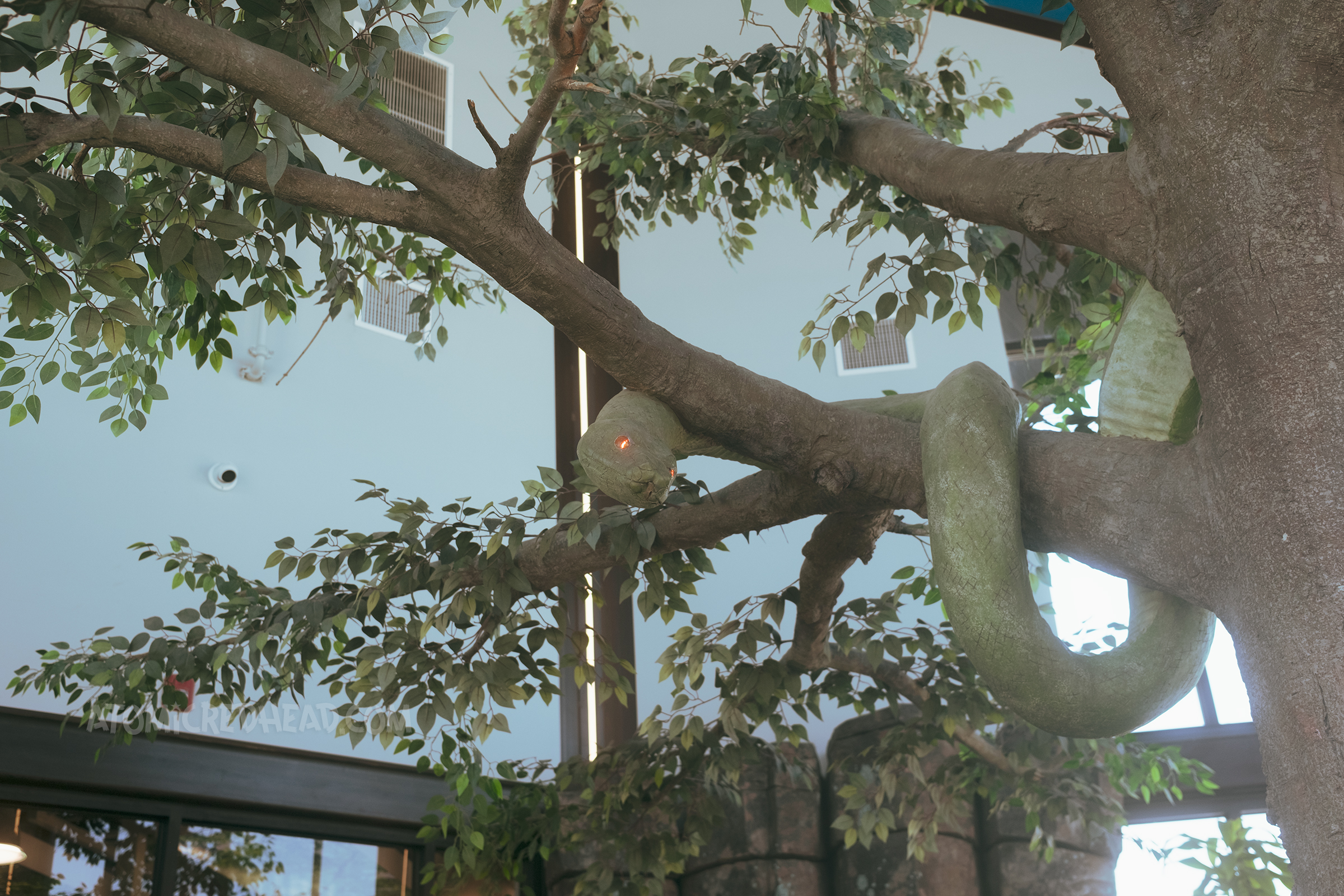 A large green snake with red lighted eyes curls around a fake tree.