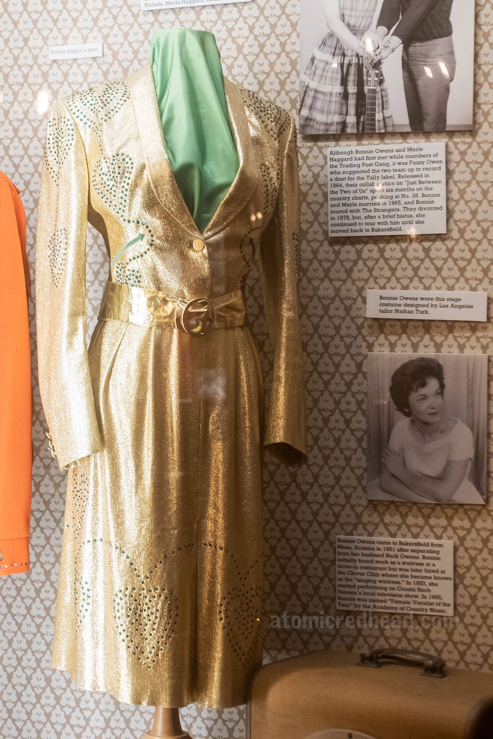 Close-up of gold dress with rhinestone details worn by Merle Haggard's wife, Bonnie.