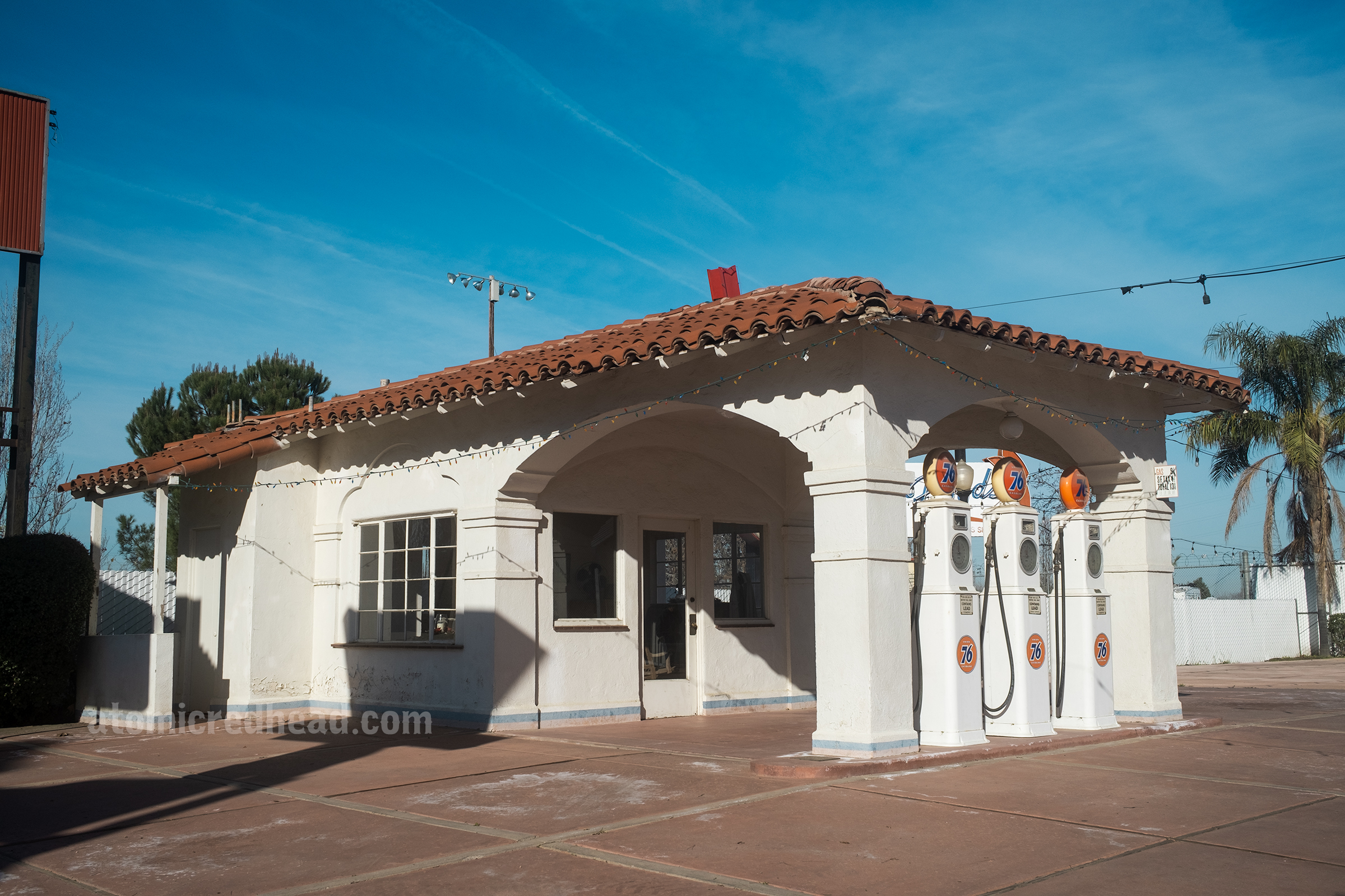 A 1930s gas station in the Spanish revival style.