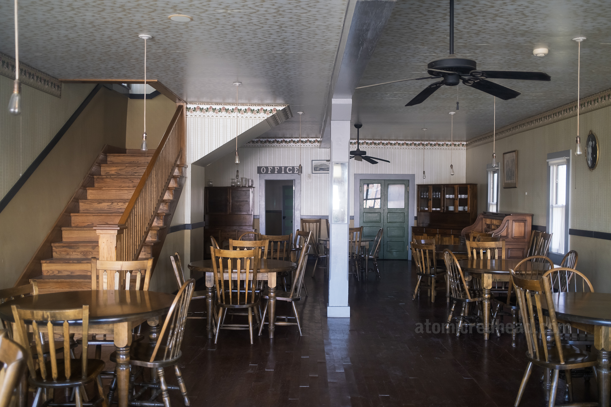 Inside of an old style dining room at the Fellows Hotel.