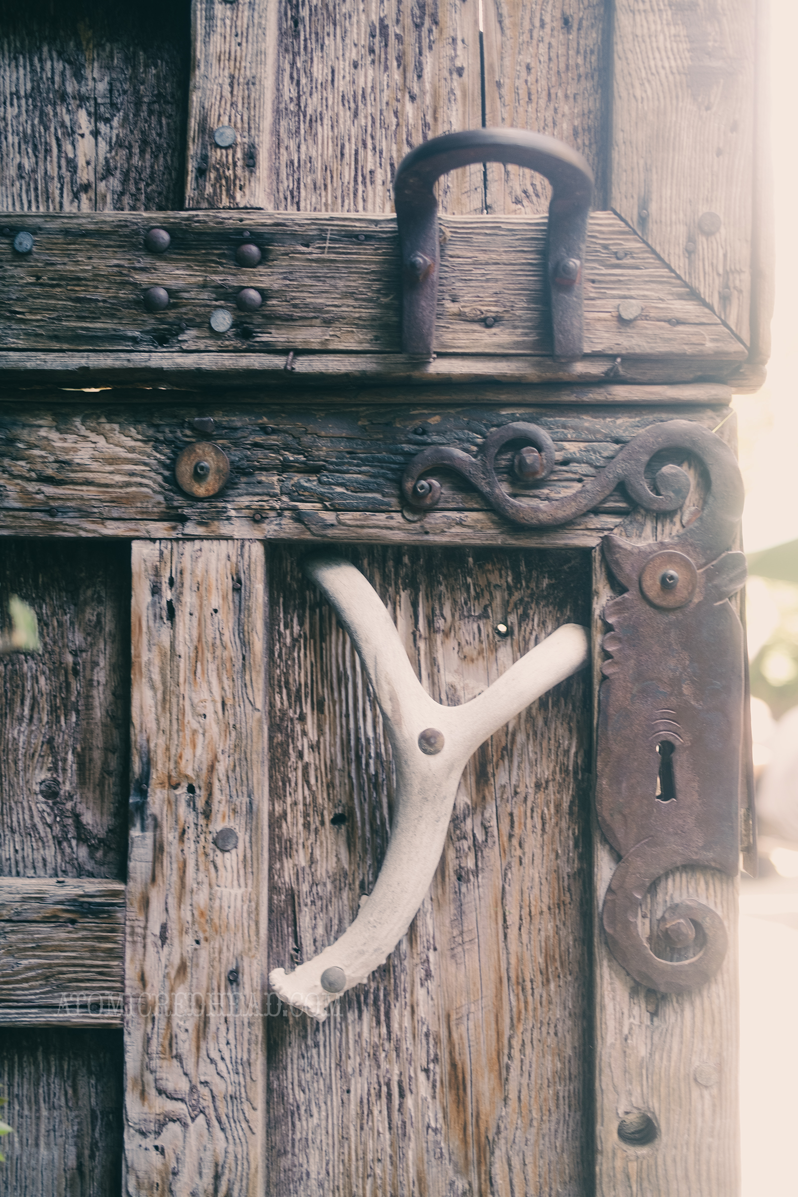 Close-up of an antler that is used as a door pull.