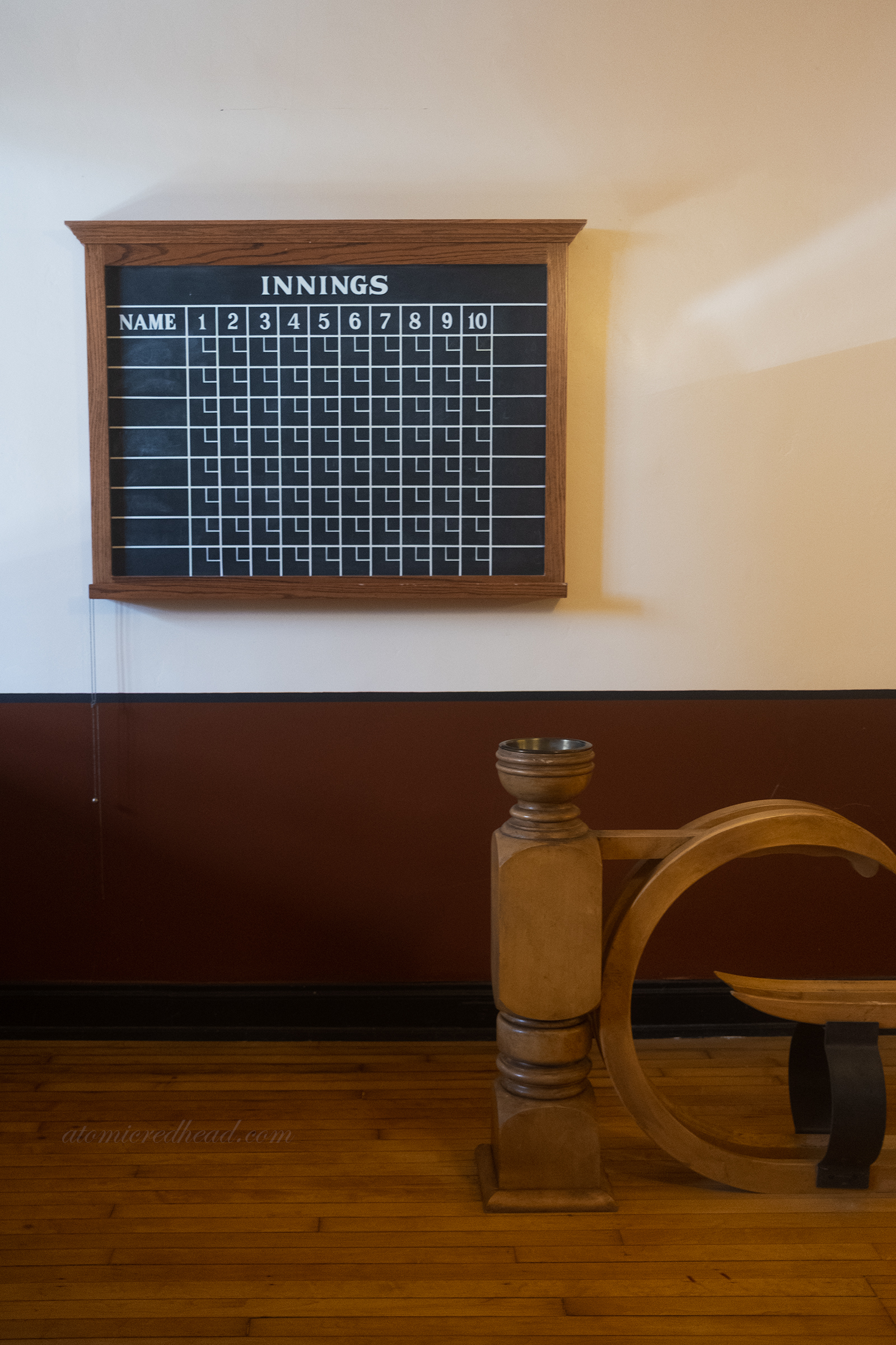 A scoreboard for the private bowling alley.