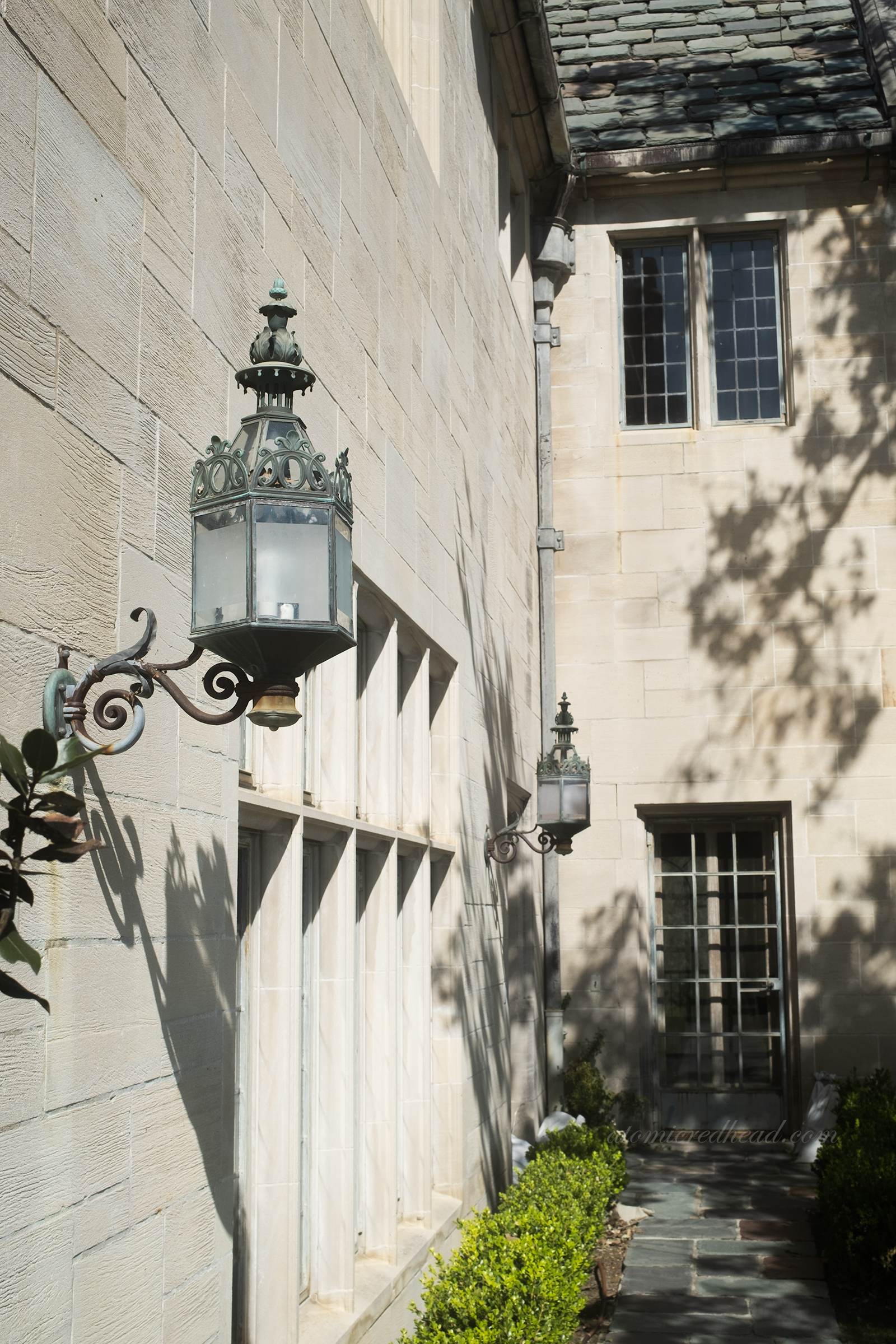 An ornate light fixture outside.
