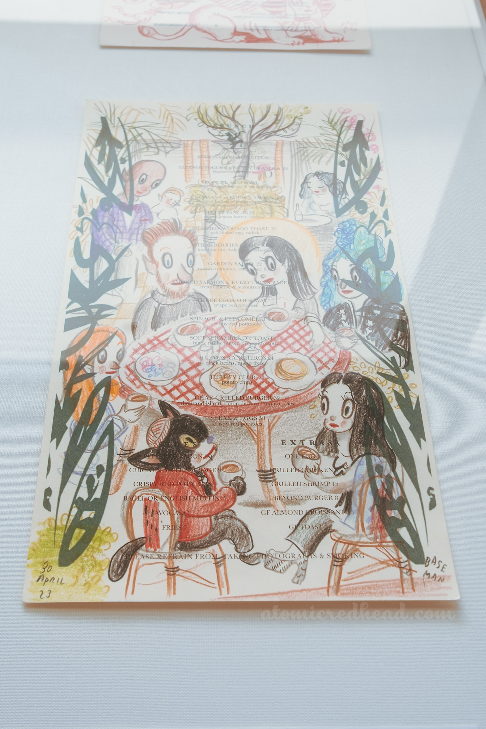 One of Baseman's works, this one features various people, and a black cat dining at Chateau Marmont.