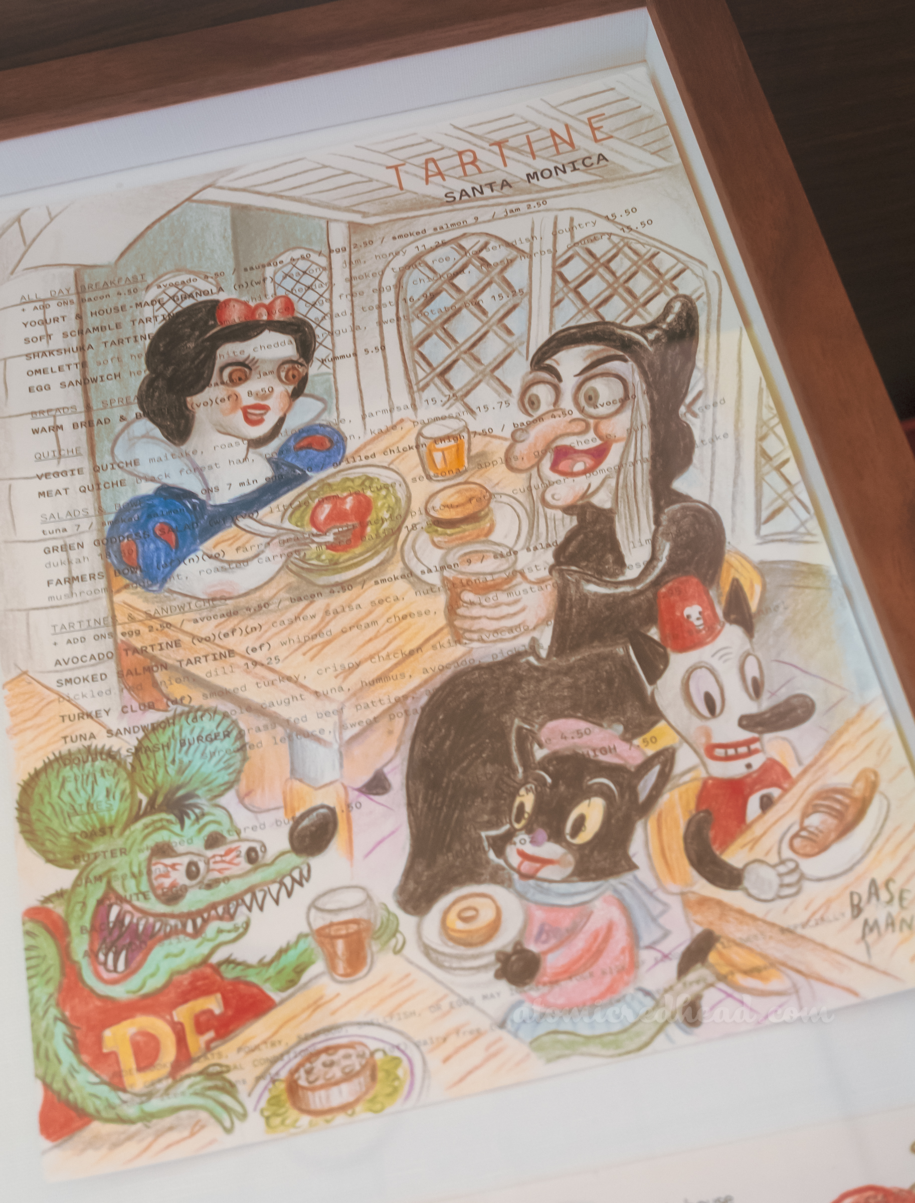 One of Baseman's works, this one features Snow White, the evil queen in her hag form, a black cat, and Rat Fink dining together.