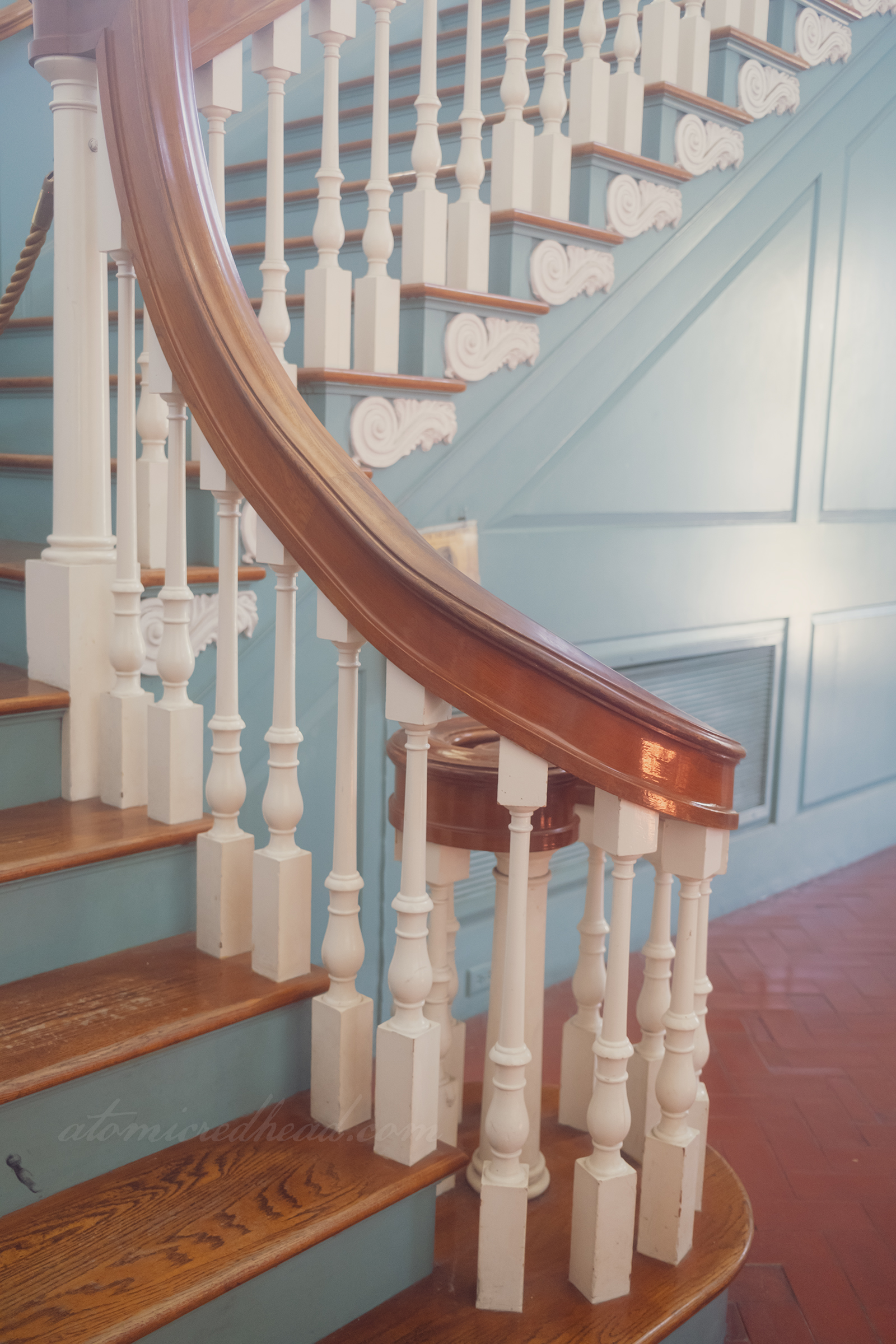 Close-up of the stair railing.
