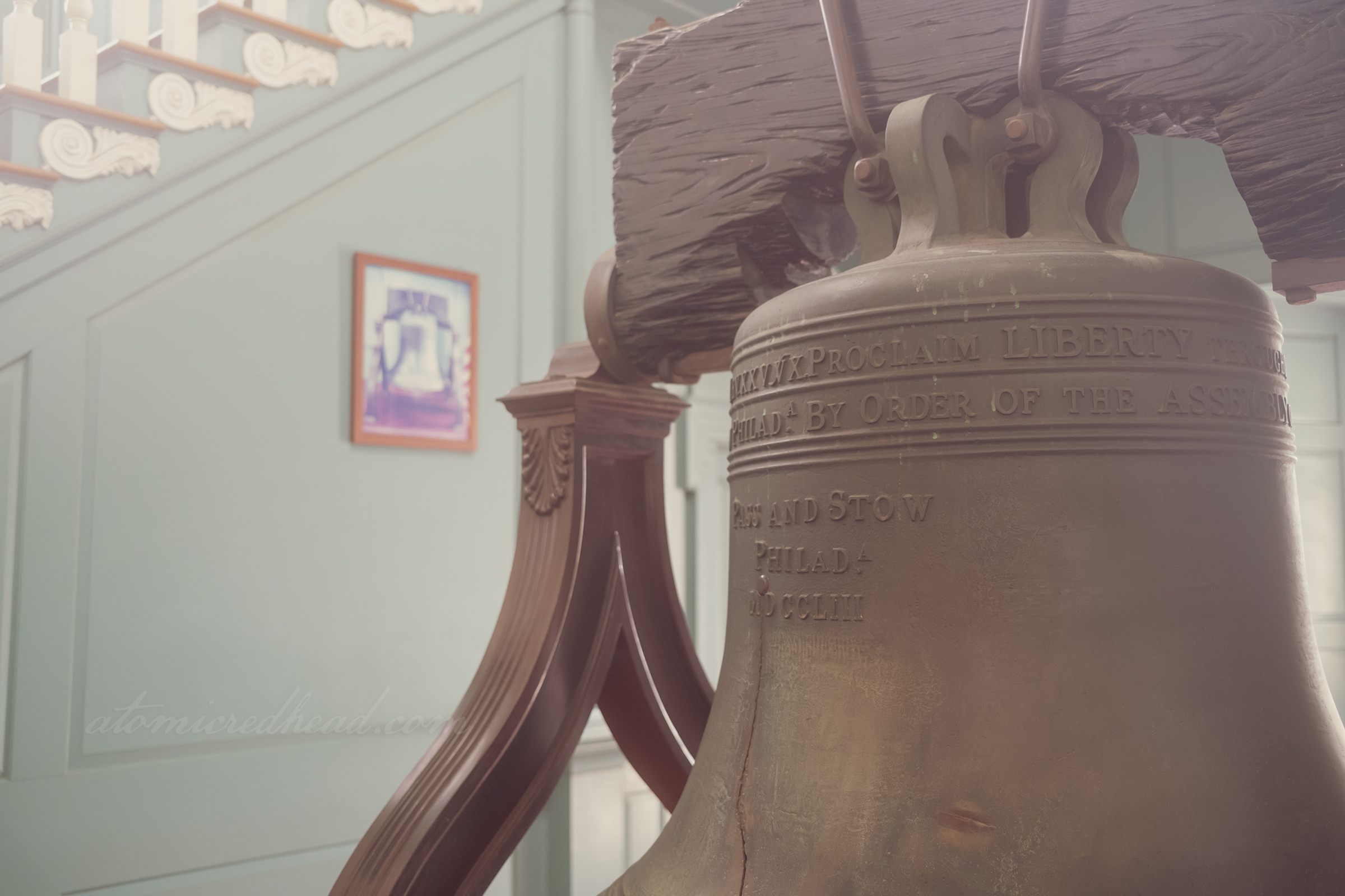 Close-up of the replica of the Liberty Bell.
