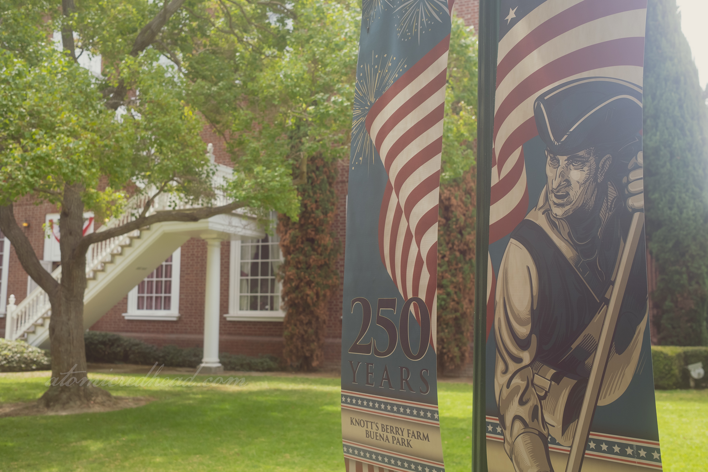 Banners advertising the 250th anniversary of America with a soldier carrying the flag.
