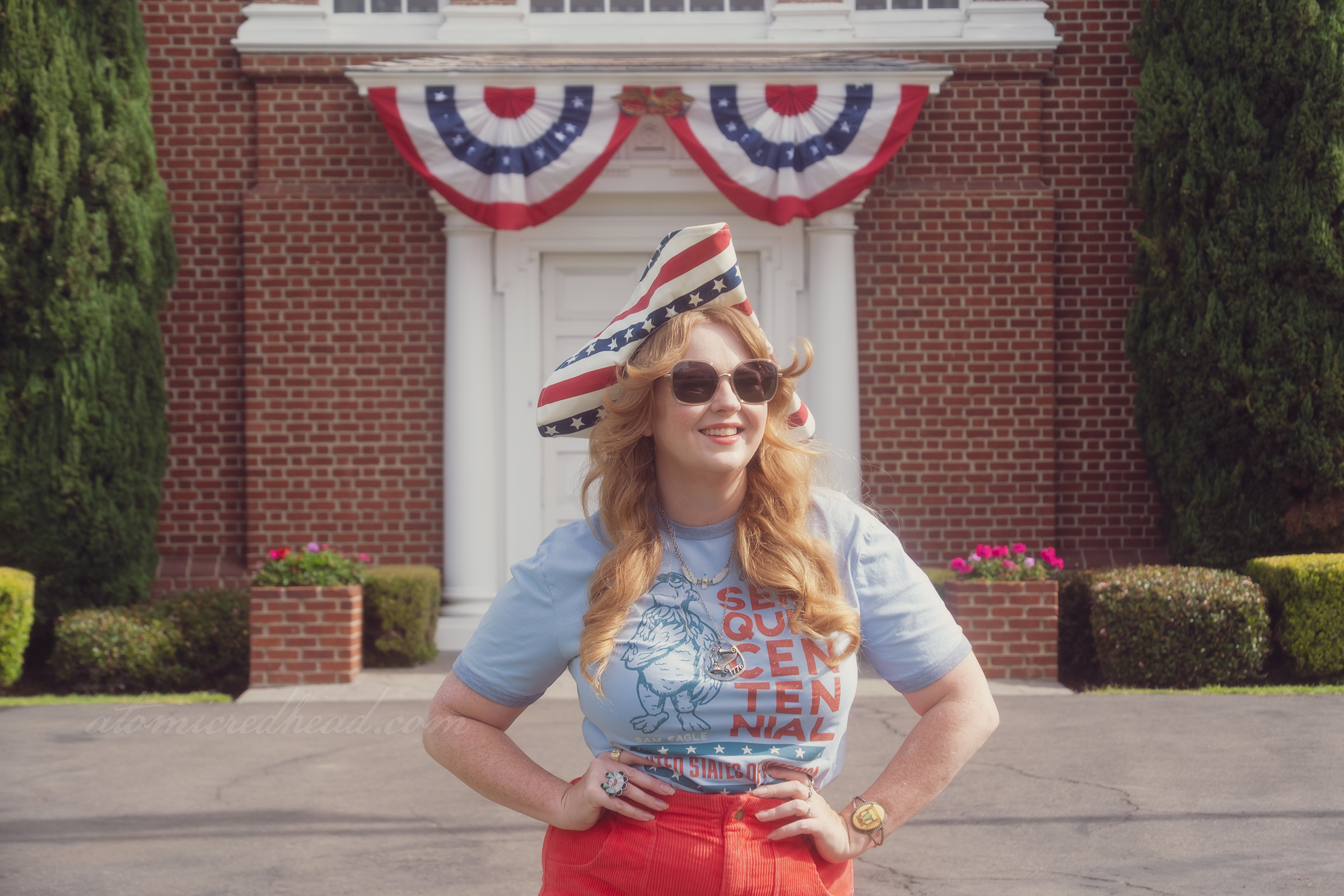 Myself standing in front of Independence Hall, wearing a shirt with Sam Eagle on it and reading "semiquincentennial"