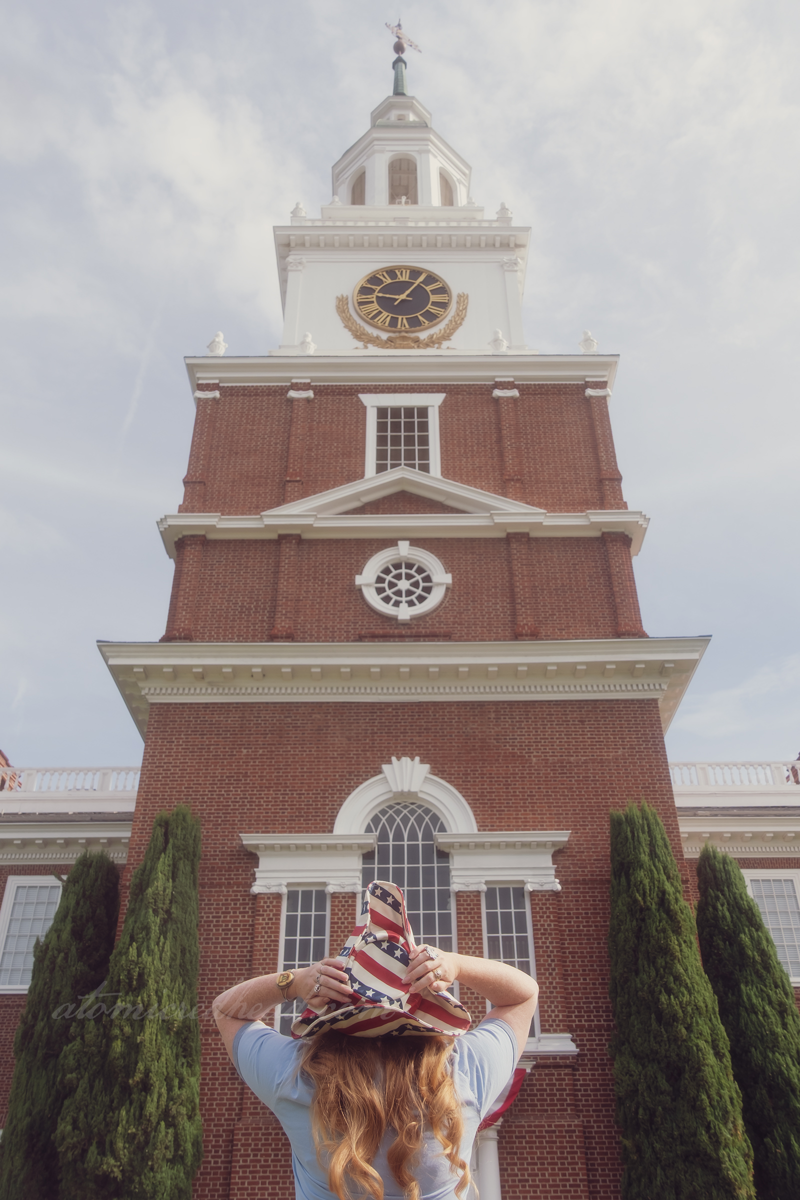 View of my back looking up at Independence Hall.